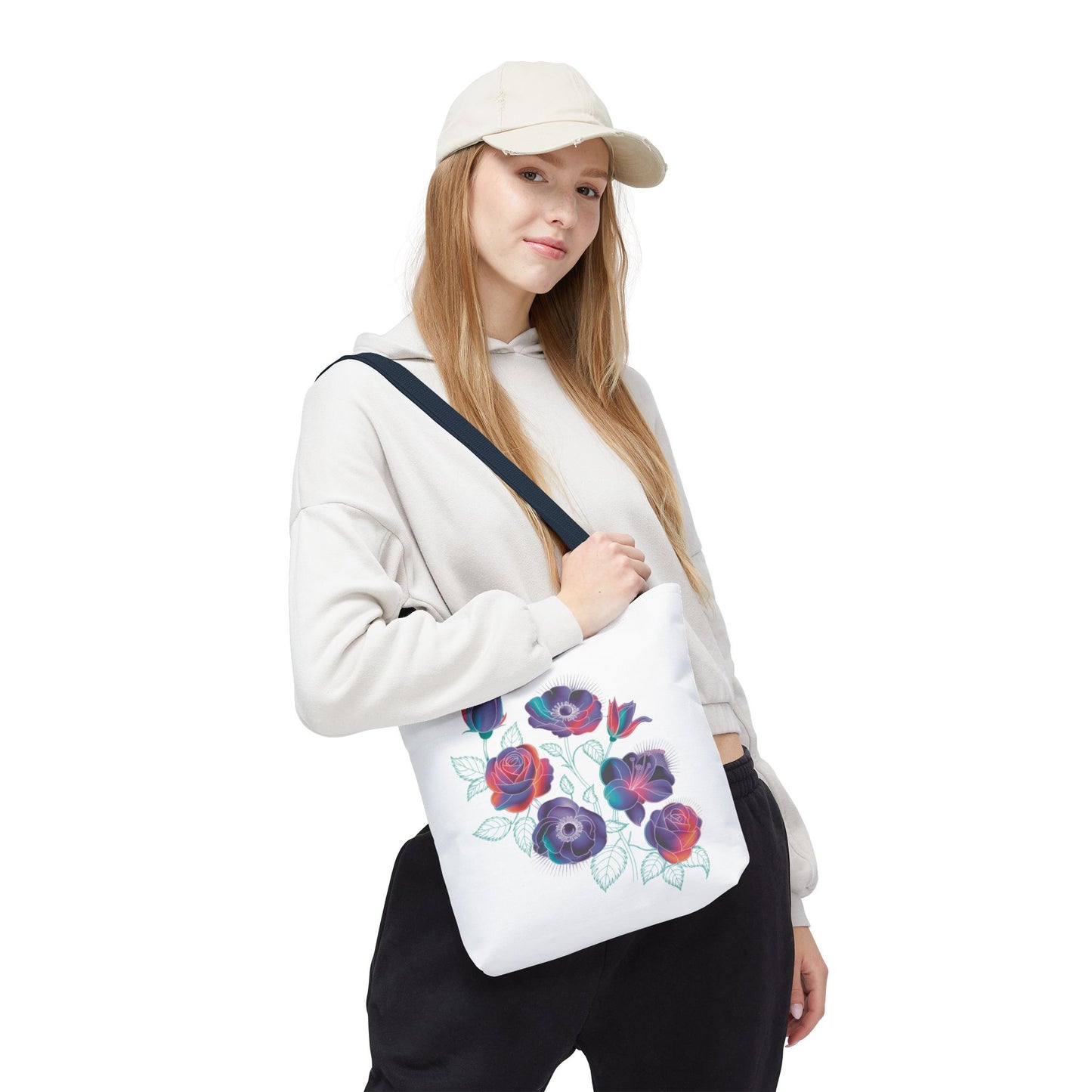 Vibrant Rose, Anemone, Lily Silhouettes Neon Floral Tote Bag features bold floral silhouettes against dark gray, offering a stylish pop of color for everyday essentials, perfect for nature enthusiasts and unique design lovers.