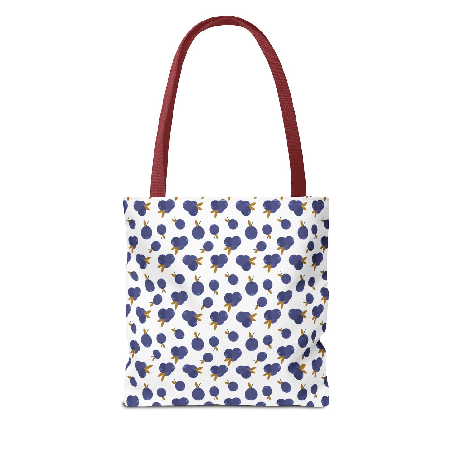 Blueberry Tote Bag from FireBrook Designs, showcasing a charming blueberry pattern. Made from durable 100% polyester with reinforced handles and boxed corners, perfect for daily essentials and errands.