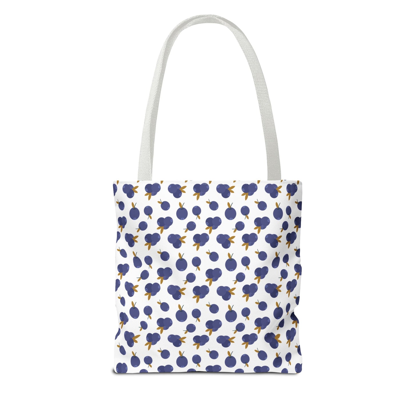 Blueberry Tote Bag with a charming blueberry pattern, featuring durable polyester, reinforced handles, and boxed corners for extra space, embodying FireBrook Designs' blend of style, functionality, and uplifting design.