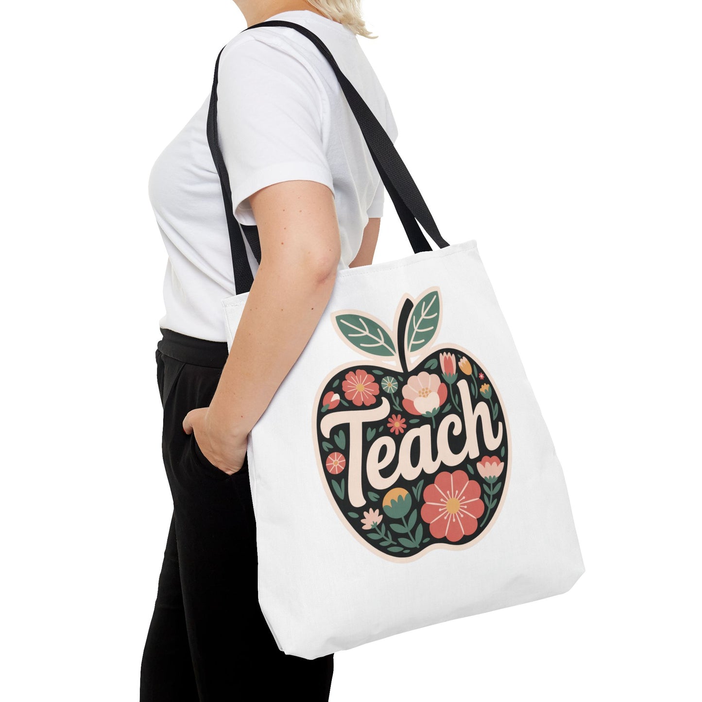 Floral Apple Tote Bag - Hand-Drawn Pastel-Colored Design with 'TEACH', showcasing an apple shape filled with delicate floral illustrations, perfect for teachers and nature enthusiasts, available in multiple sizes with durable handles.