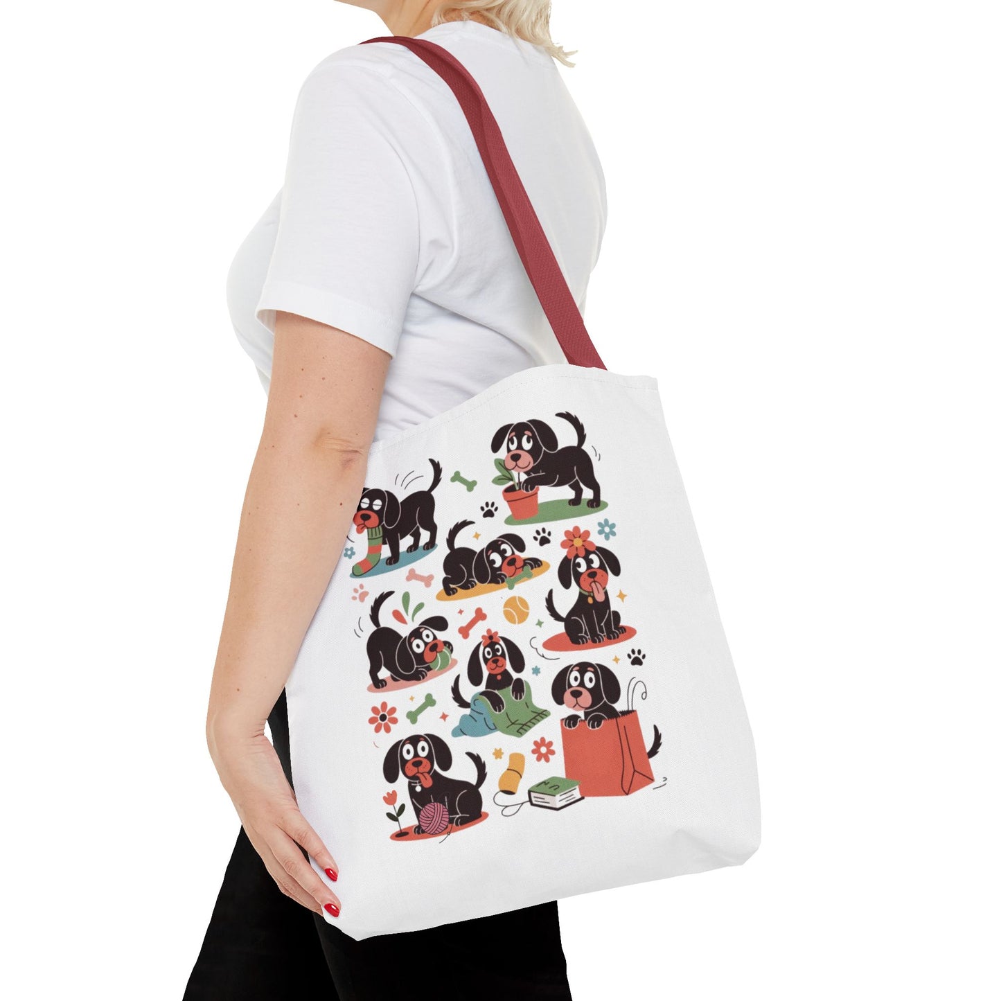 Dog Tote Bag - Playful Cartoon Illustration Design features whimsical, hand-drawn dogs with everyday objects, perfect for dog lovers seeking a durable, stylish accessory for shopping or gifting.