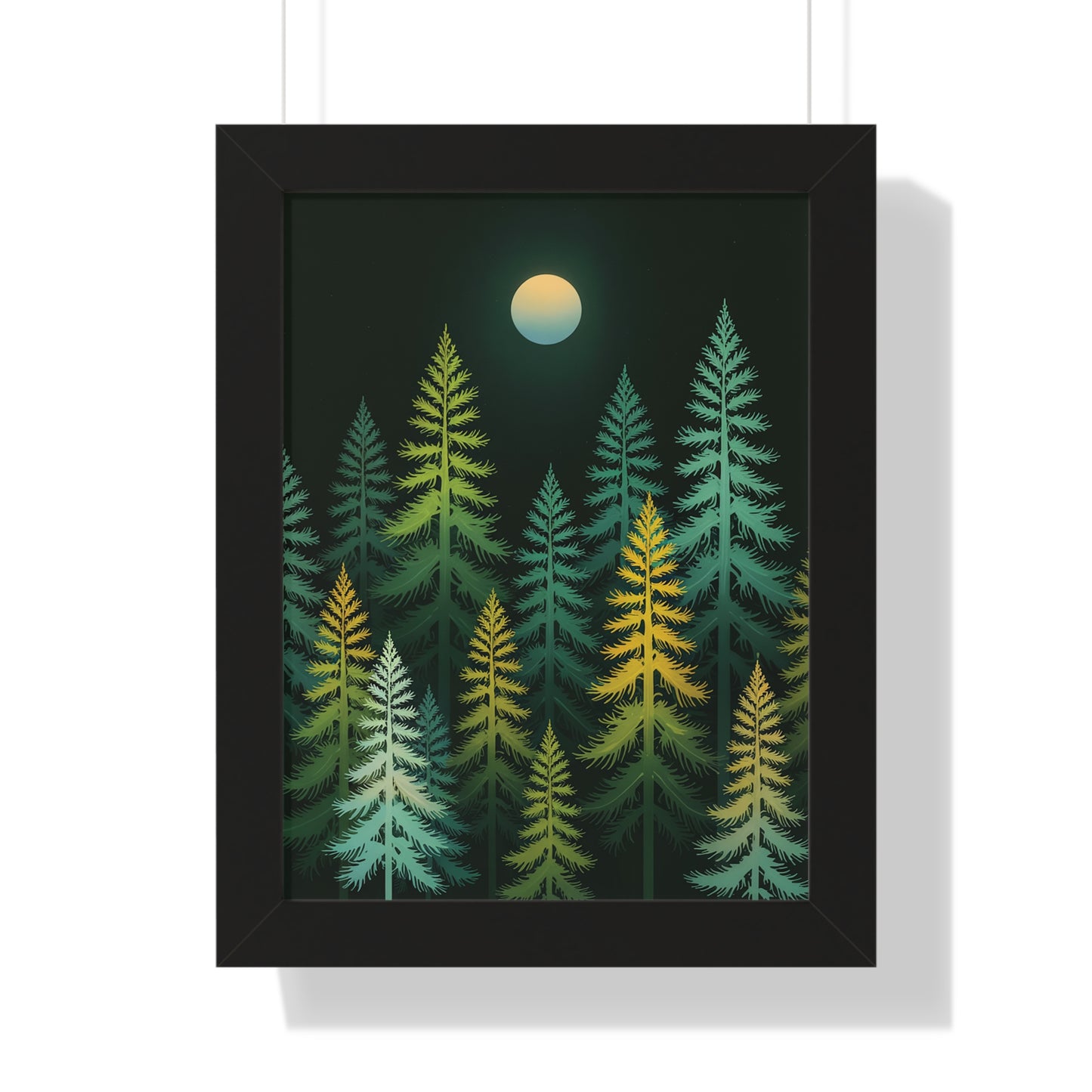 Vertical Forest Poster featuring stylized pine trees in light green and yellow against a dark background. This minimalist artwork adds a calming, natural touch to any room.