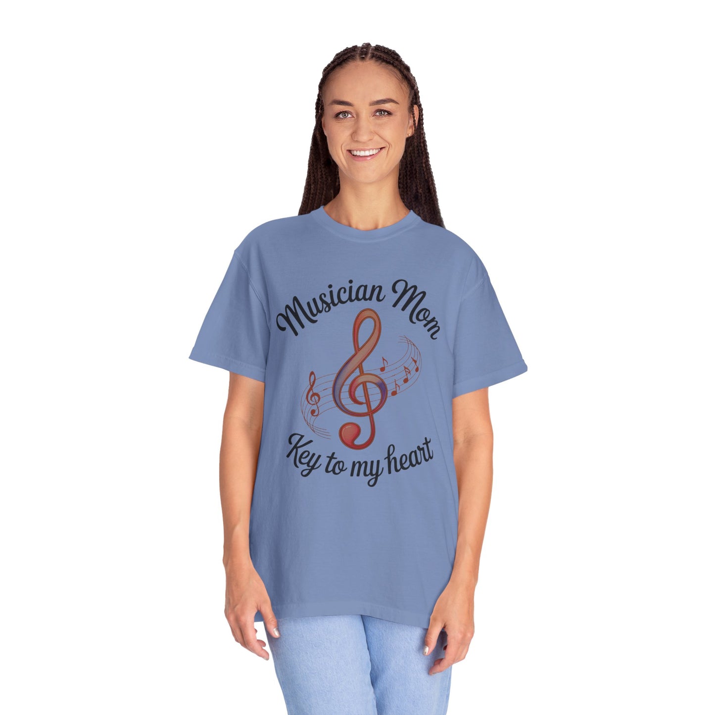 Musician Mom T-Shirt featuring a relaxed fit and classic crew neckline, crafted from high-quality US cotton for comfort. Ideal for music-loving moms, aligning with FireBrook Essentials' uplifting and joyful apparel ethos.