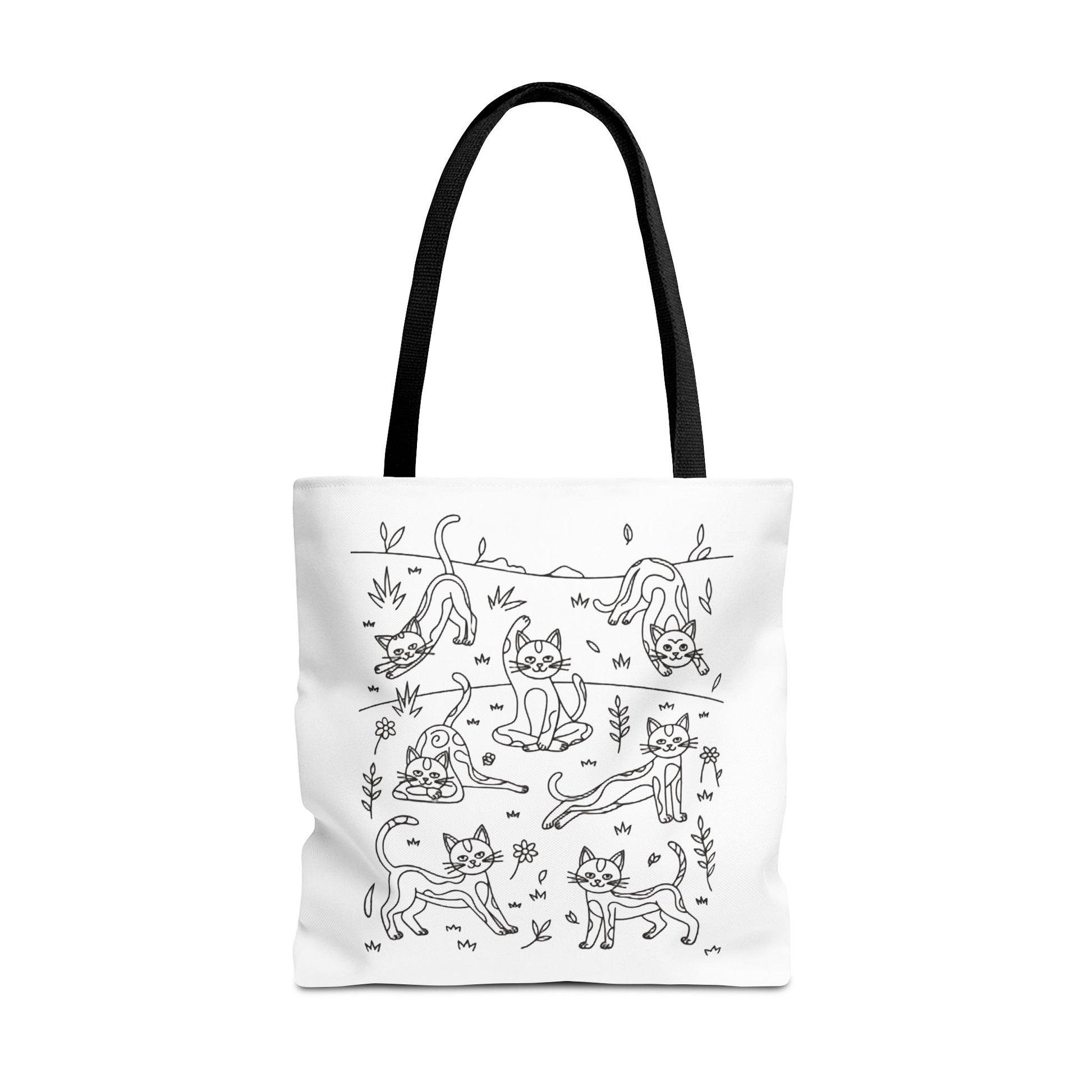 Yoga Cat Tote Bag featuring whimsical cat yoga poses, ideal for errands or gifts. Made of durable polyester with reinforced handles, offering practicality and charm for cat lovers and yoga fans.