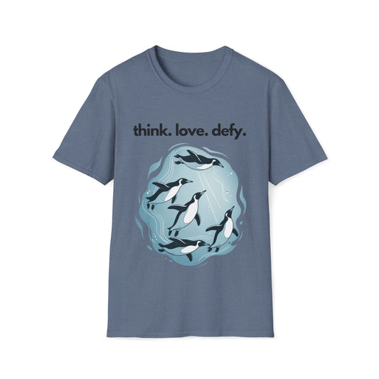 Think Love Defy Penguin Animal Nature Gildan Unisex T-Shirt featuring a group of penguins in a playful design, perfect for nature lovers seeking comfort and unique style in casual wear.
