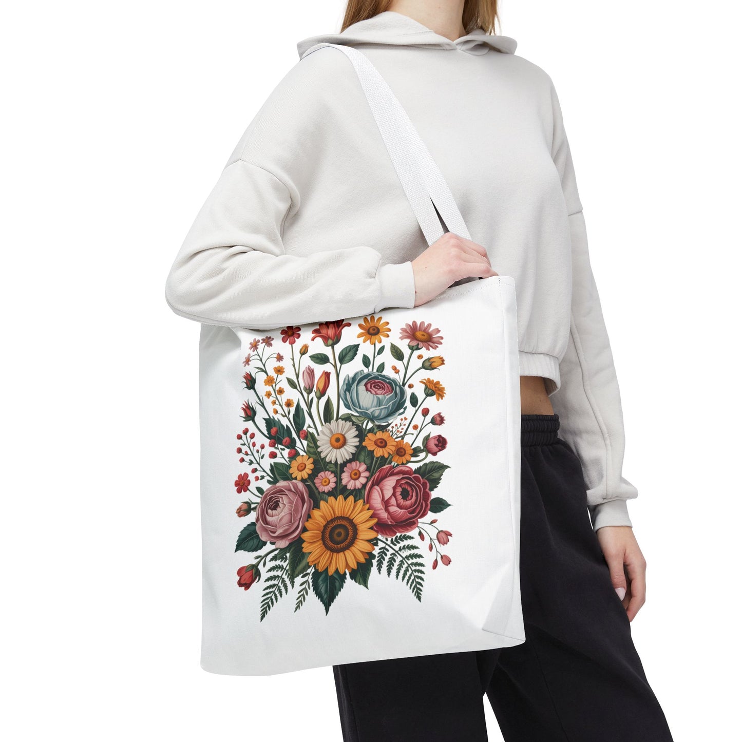 Botanical Vintage Flower Tote Bag showcasing a charming collage of vintage flowers in soft tones, ideal for carrying essentials. Designed for nature lovers, it combines style and practicality with durable polyester and reinforced handles.
