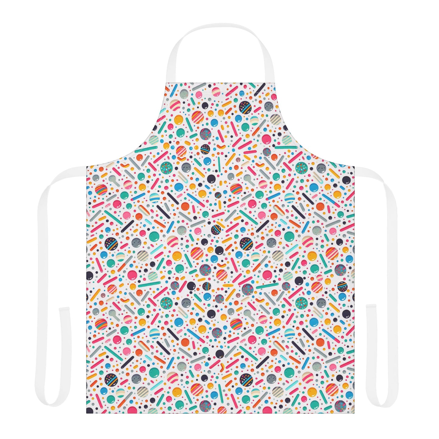 Fun Shapes Apron featuring vibrant, playful patterns on a white background, designed for joyful cooking. Made of soft polyester canvas with a tie-back closure and stain-resistant fabric.