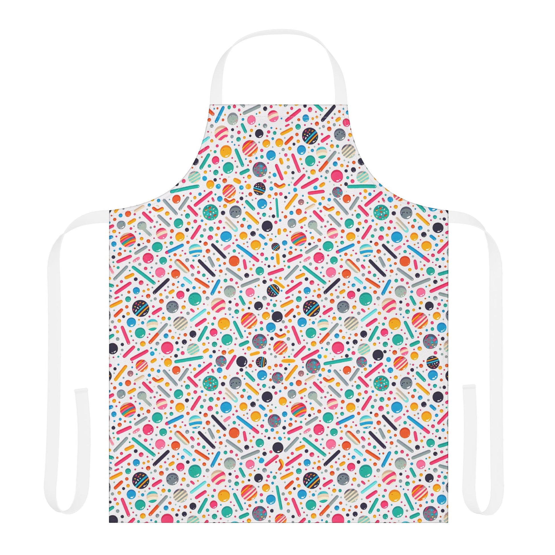 Fun Shapes Apron featuring vibrant, playful patterns on a white background, designed for joyful cooking. Made of soft polyester canvas with a tie-back closure and stain-resistant fabric.