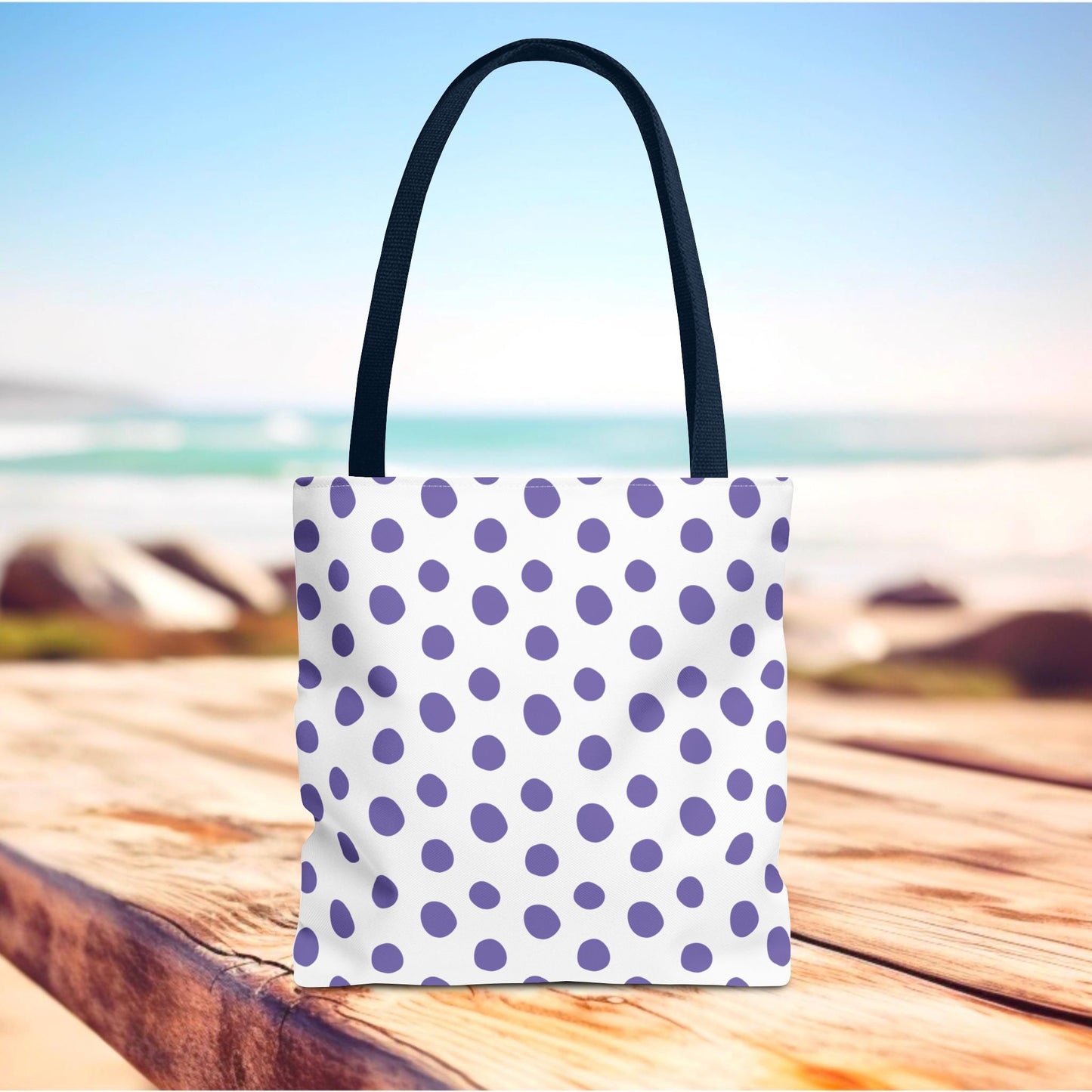 Polka Dots Tote Bag - Light Purple Design: A chic tote featuring light purple polka dots, crafted for durability with reinforced handles. Perfect for adding flair to any outfit while carrying essentials.