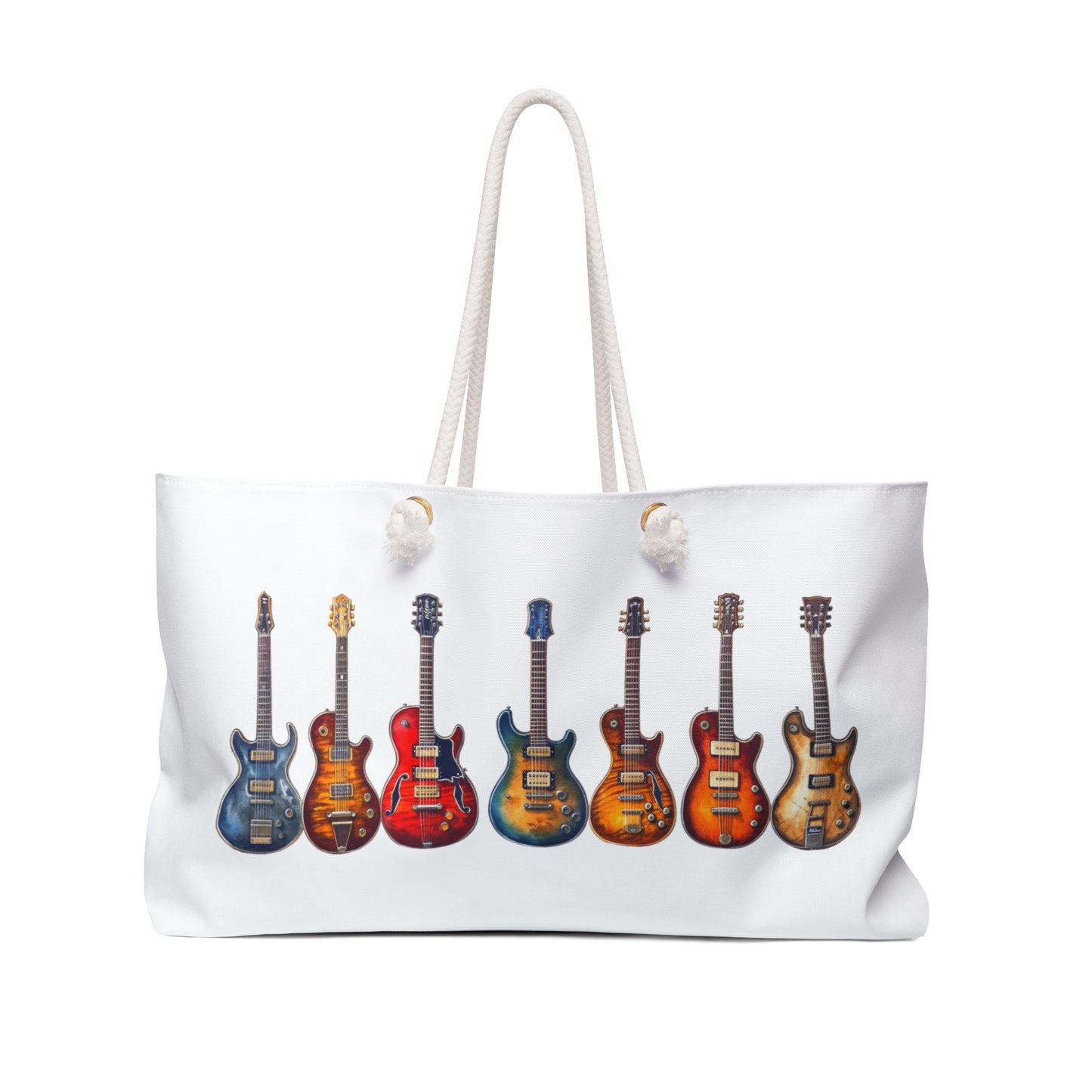 Weekender Bag Electric Guitars Print features a vibrant electric guitar design, exuding a rock and roll vibe. Ideal for music lovers, it includes rope handles and a spacious 24 x 13 build.