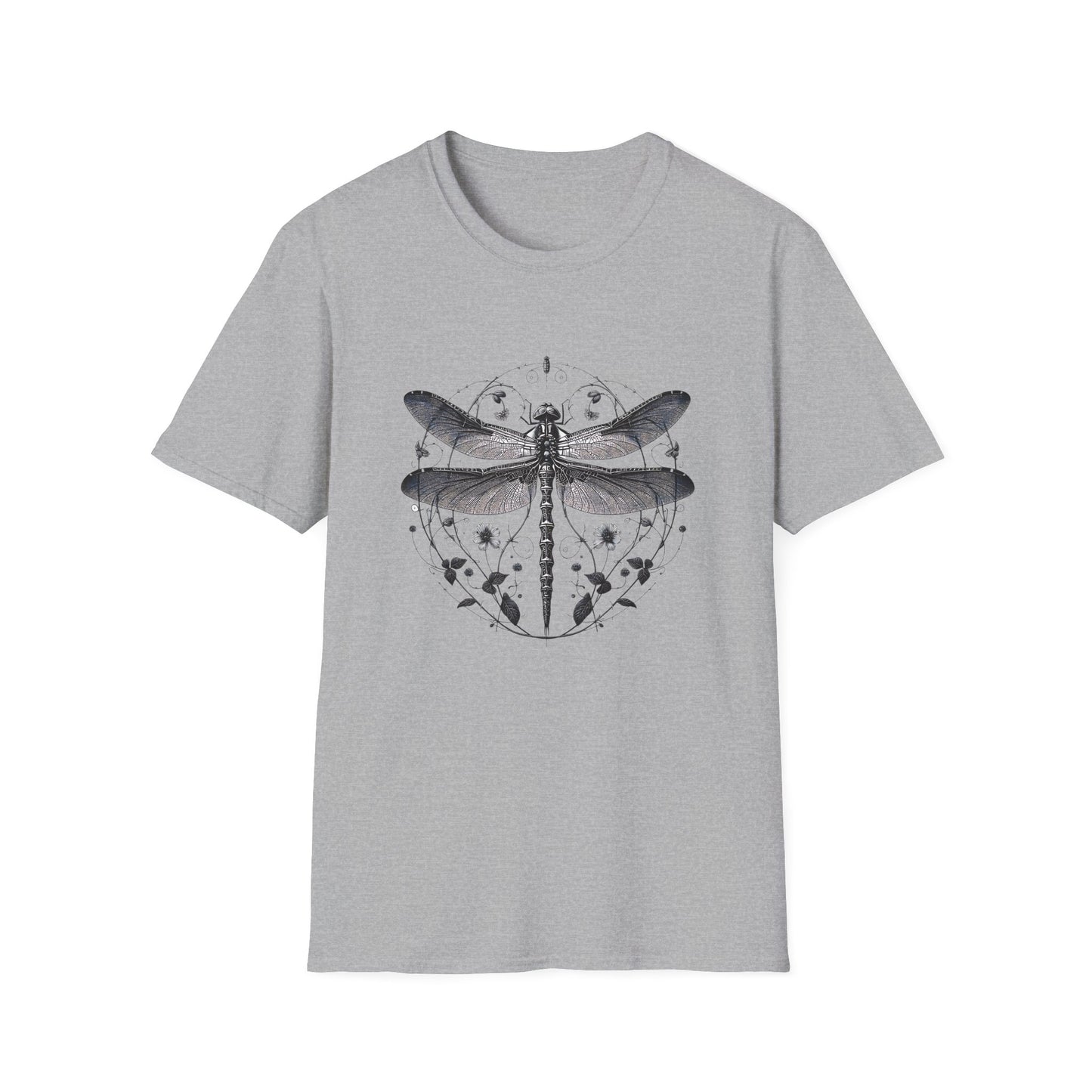 Dragonfly Gildan Unisex T-Shirt featuring a unique dragonfly design, embodying comfort and nature's playfulness, crafted from ethically sourced cotton, perfect for casual outings or lounging, as offered by FireBrook Essentials.