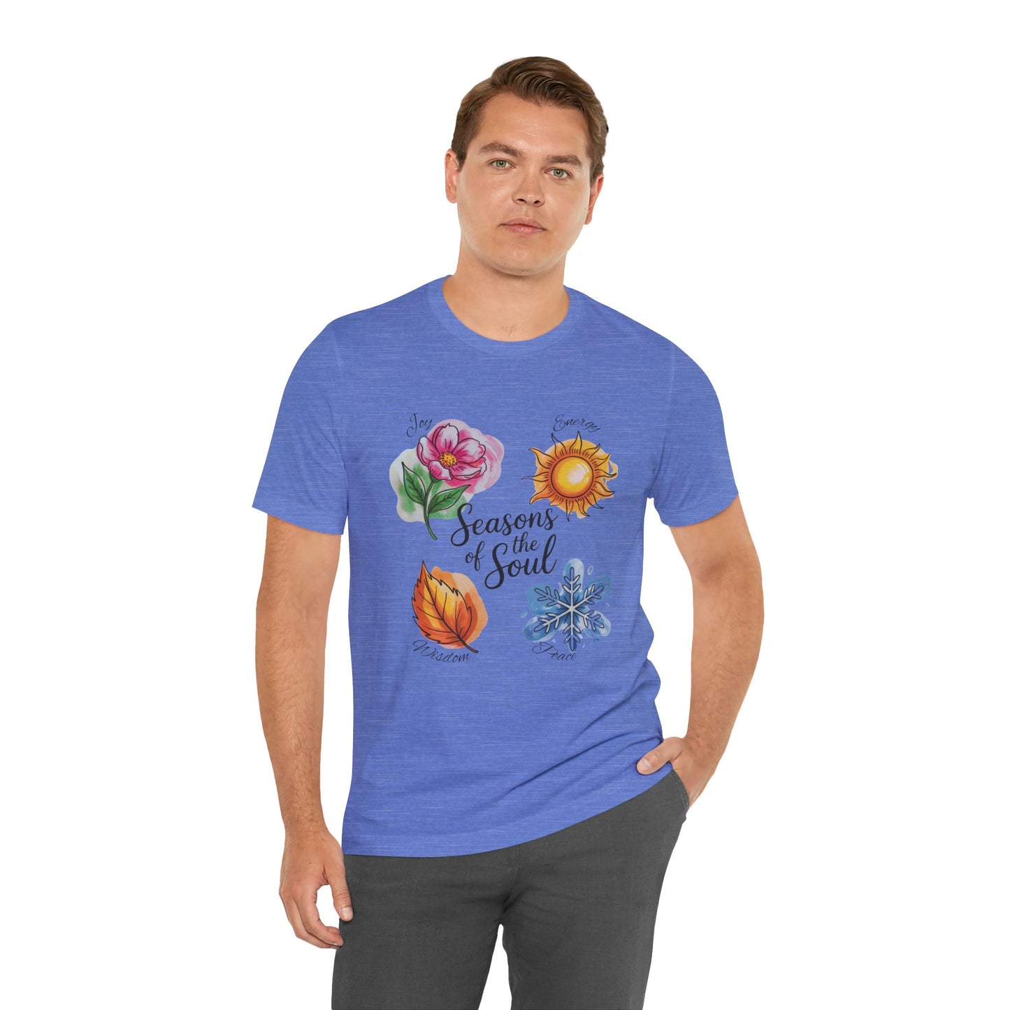 Seasons of the Soul: Joy, Energy, Wisdom & Peace T-Shirt displayed on a hanger, showcasing its unisex short-sleeve design, ideal for meditation and spiritual occasions, embodying a balance of joy and tranquility.
