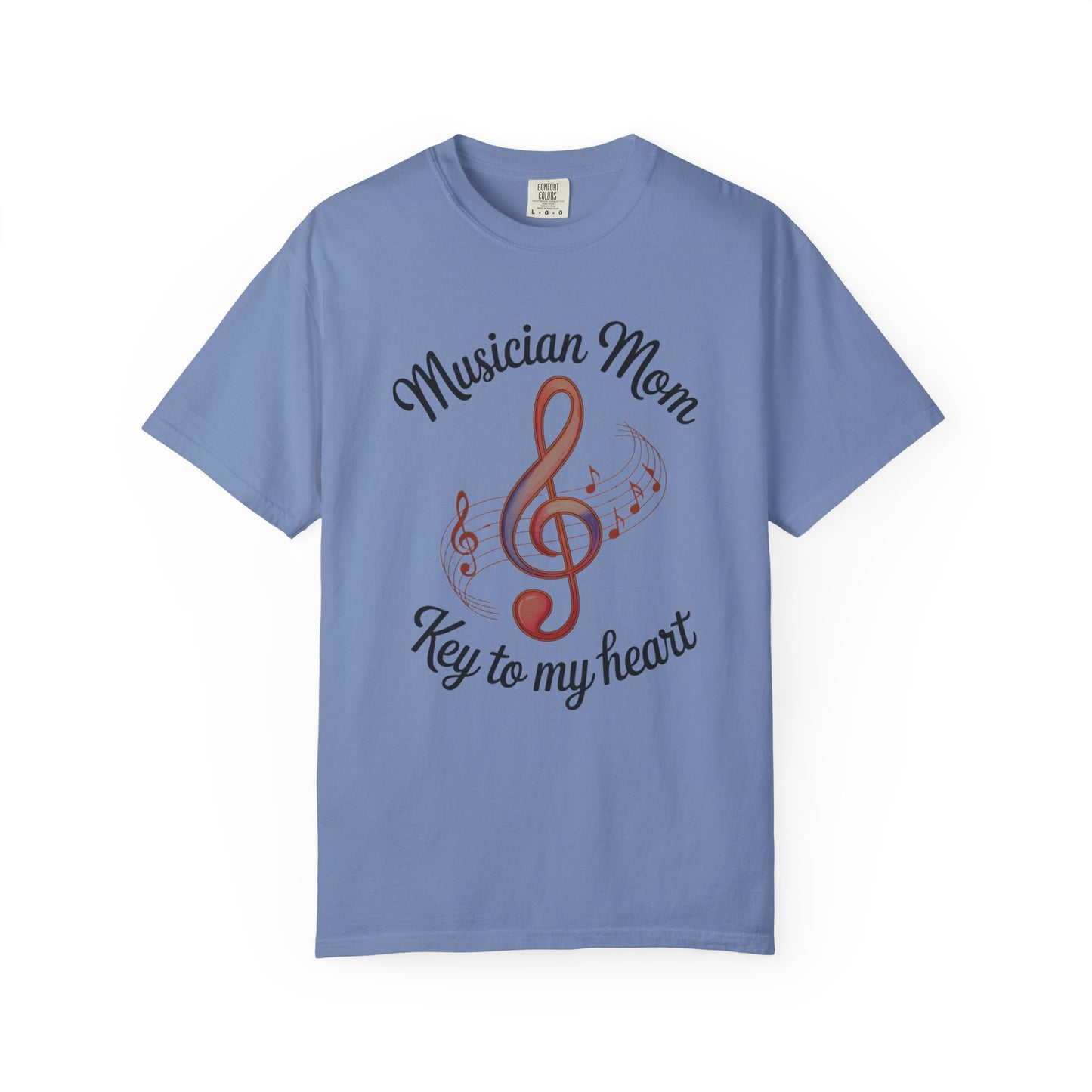 Musician Mom T-Shirt with a relaxed fit and crew neckline, made from garment-dyed US cotton, showcasing durable double-needle stitching. Perfect for music-loving moms, combining comfort and style from FireBrook Essentials.