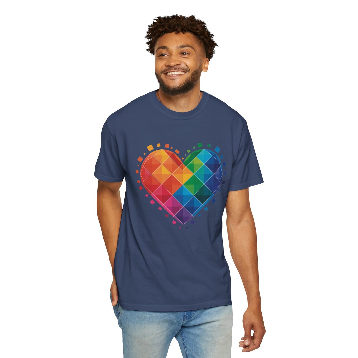 Rainbow Geometric Heart T-Shirt with a vibrant, layered heart design featuring translucent squares, perfect for adding a touch of color and style to any casual or special occasion outfit.