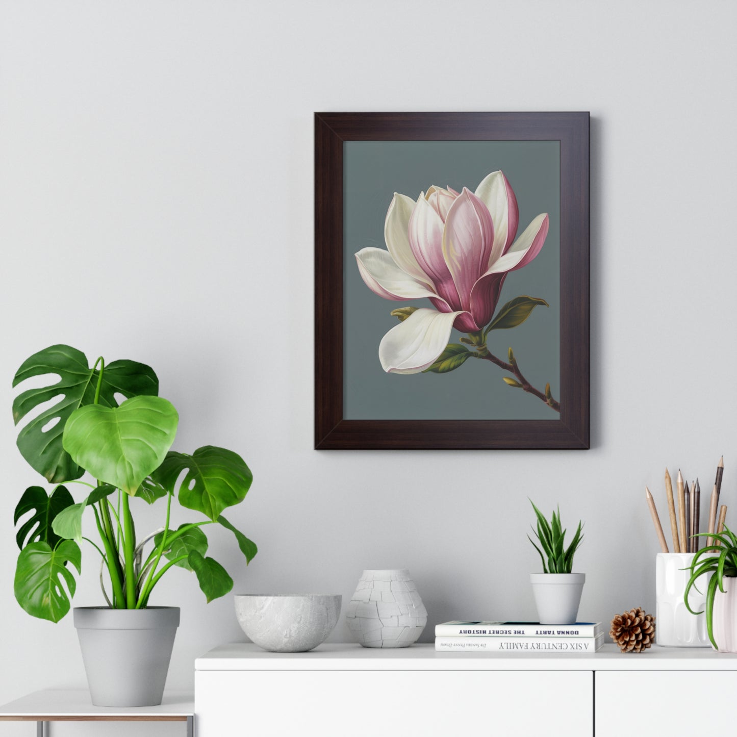 Vertical Poster - Magnolia Flower Design: A close-up of a tranquil and elegant Magnolia flower, ideal for home decor or gifting, printed on archival-grade paper with optional MDF or Ayous wood frame.