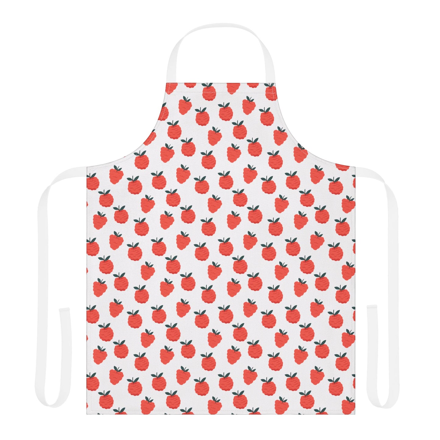 Red Berries Apron features a white base adorned with a vibrant red fruit pattern, perfect for cooking or crafting enthusiasts seeking style and practicality in their kitchen or workshop attire.