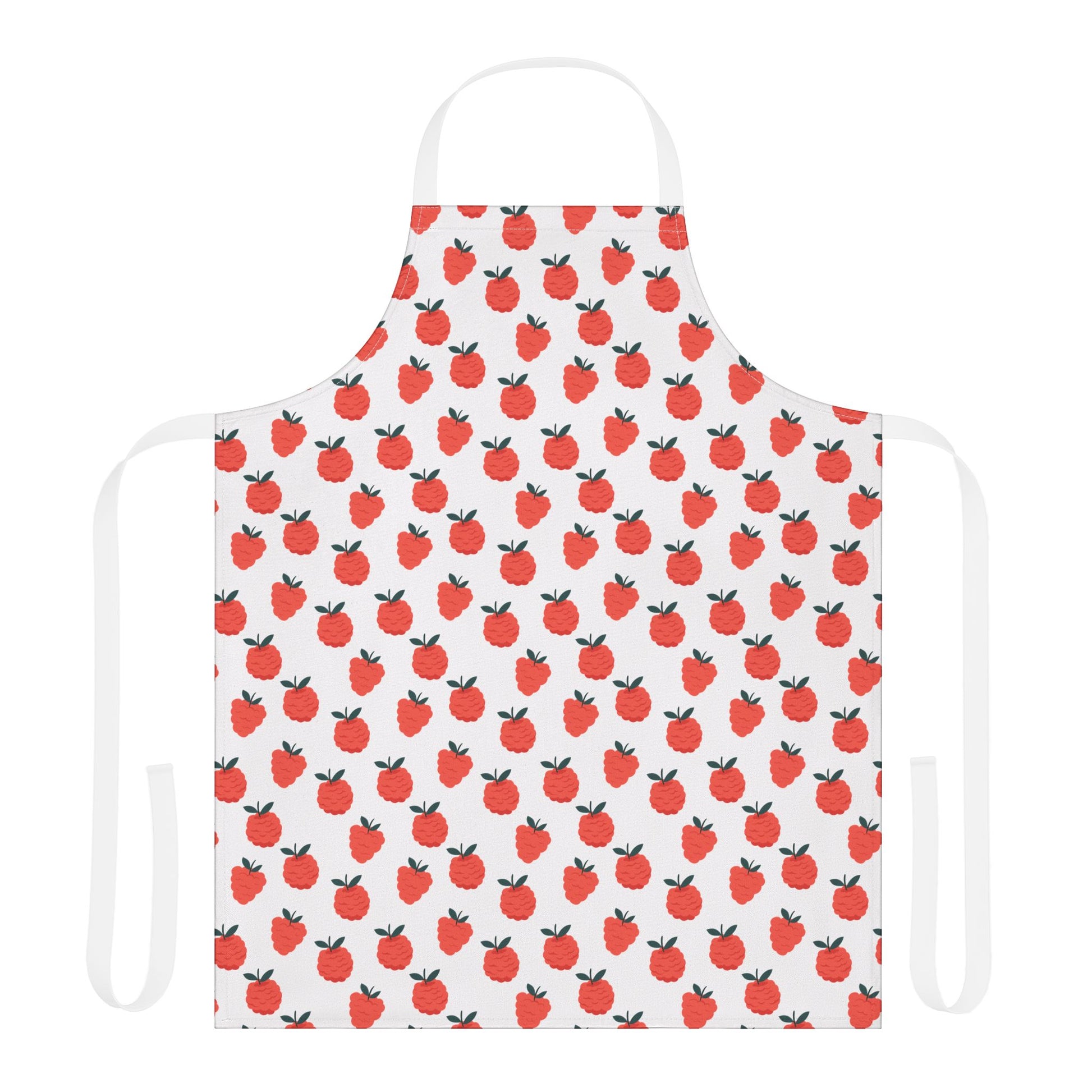 Red Berries Apron features a white base adorned with a vibrant red fruit pattern, perfect for cooking or crafting enthusiasts seeking style and practicality in their kitchen or workshop attire.