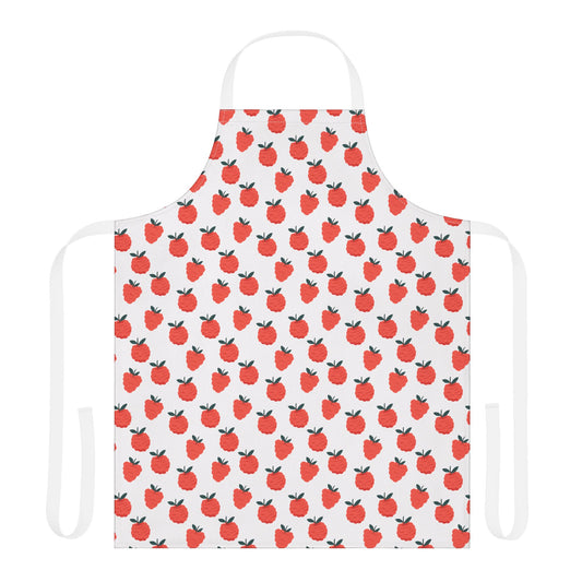 Red Berries Apron features a white base adorned with a vibrant red fruit pattern, perfect for cooking or crafting enthusiasts seeking style and practicality in their kitchen or workshop attire.