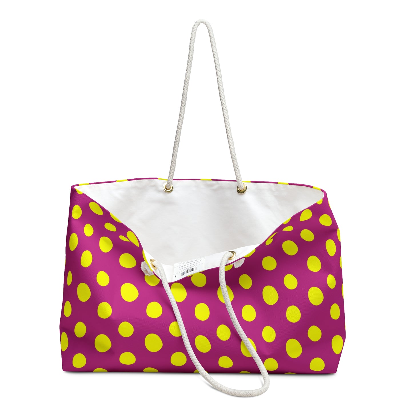 Yellow Polka Dot Red Weekender Bag with playful polka dots, featuring durable rope handles and a spacious interior, perfect for stylish weekend getaways and travel adventures.