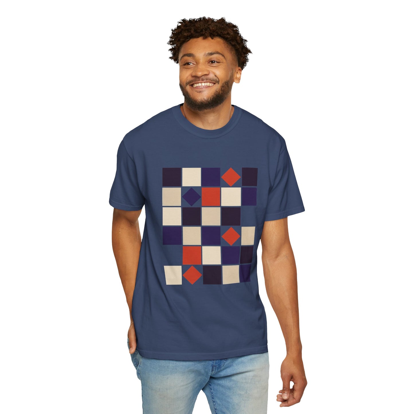 Square Grid Abstract in Monochrome Palette T-Shirt featuring aligned and rotated squares, offering a stylish, contemporary design. Ideal for casual or semi-formal settings, perfect for art lovers and fashion-forward individuals.