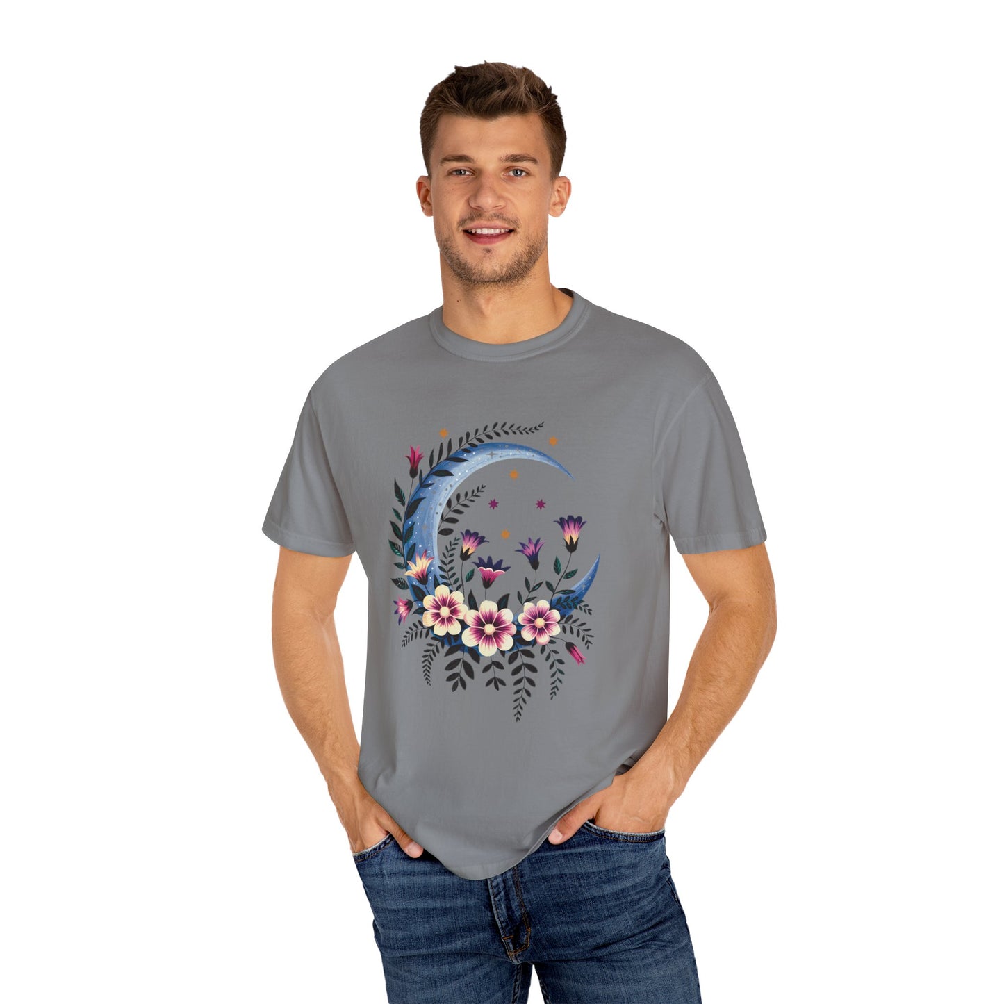 The Crescent Moon Floral T-Shirt showcases a bohemian design, featuring a crescent moon with delicate floral accents, embodying FireBrook Essentials' signature style of comfort and uplifting, joyful apparel.