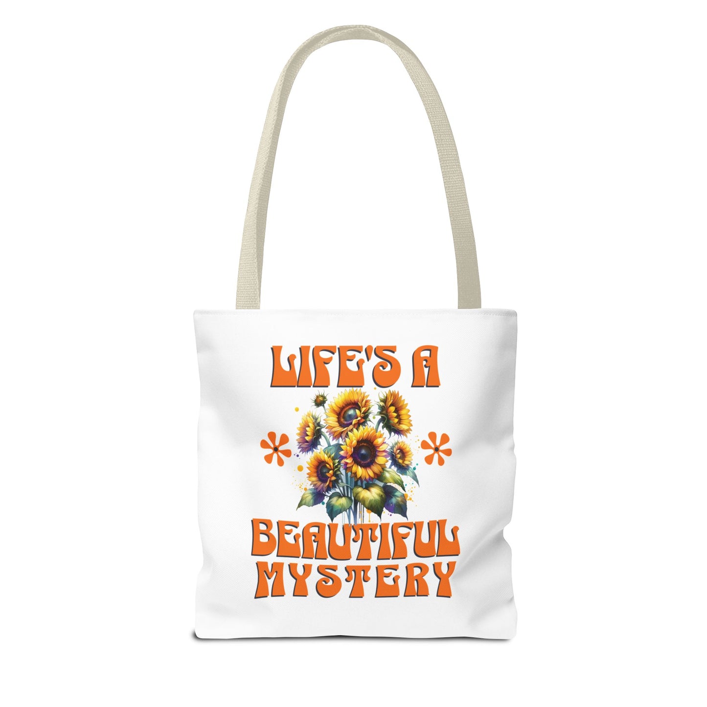 Life's A Beautiful Mystery Tote Bag with orange text and floral design, featuring durable polyester and reinforced handles, ideal for everyday adventures.