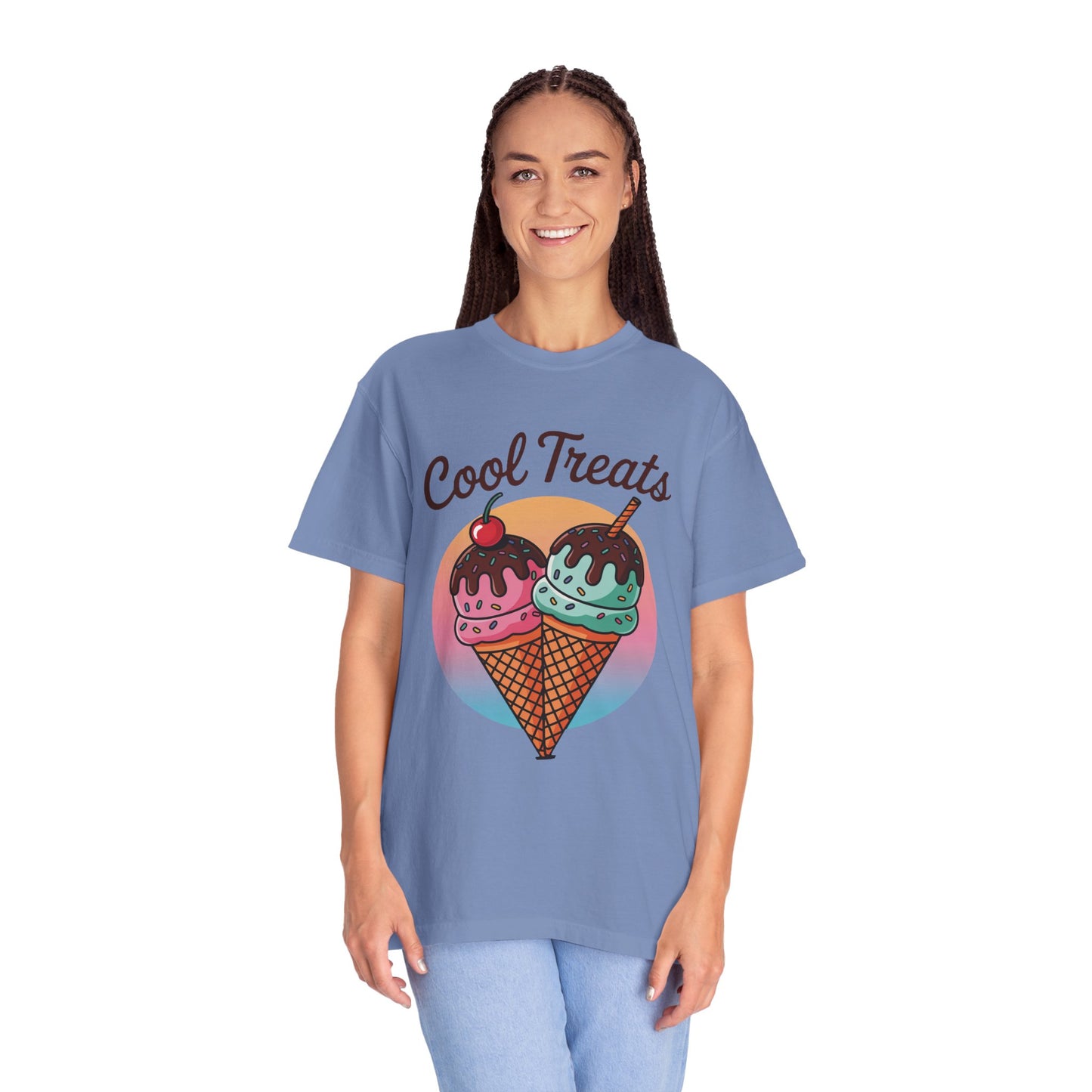 Ice Cream Cool Treats Comfort Colors Unisex T-Shirt featuring playful ice cream cone graphics, worn by a smiling woman. Perfect for casual summer wear, aligning with FireBrook Essentials' joyful and stylish apparel ethos.