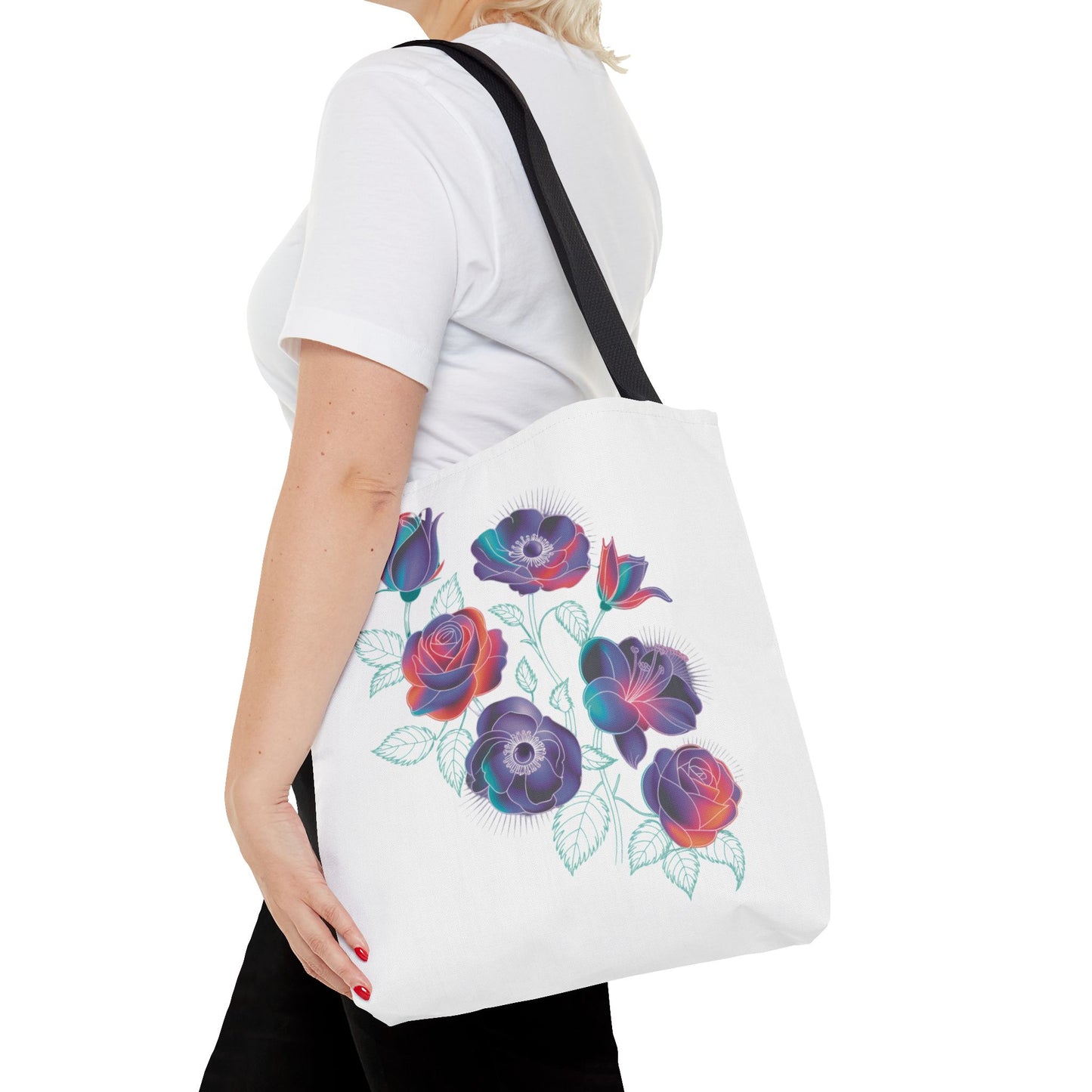 Vibrant Rose, Anemone, Lily Silhouettes Neon Floral Tote Bag featuring striking floral patterns in neon tones, perfect for adding stylish flair to your daily essentials with durable polyester and customizable handles.