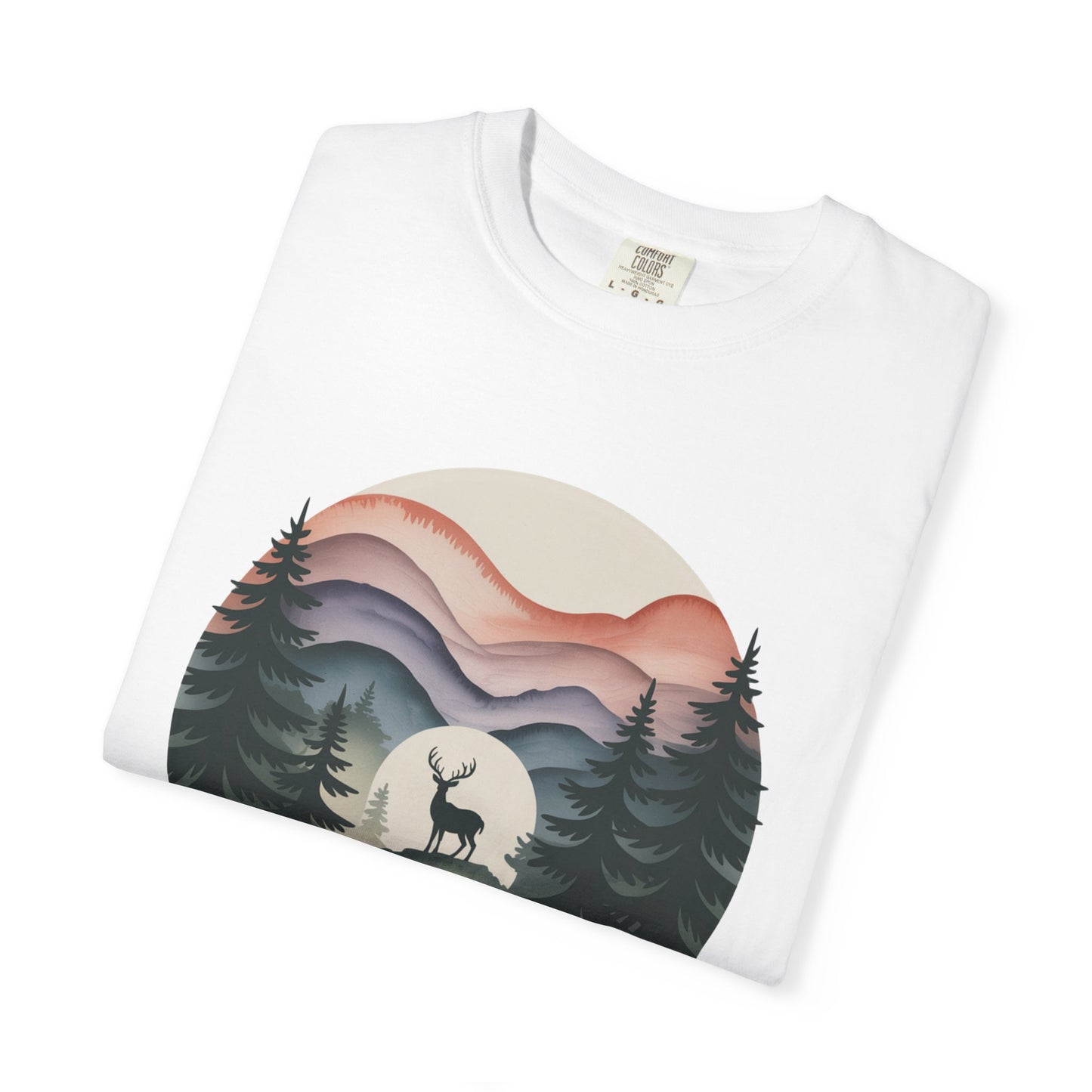 Nature Wanderer T-Shirt features a serene sage-green design with layered mountain silhouettes, a celestial moon, and a minimalist stag symbol, embodying wilderness and tranquility for nature lovers and outdoor enthusiasts.