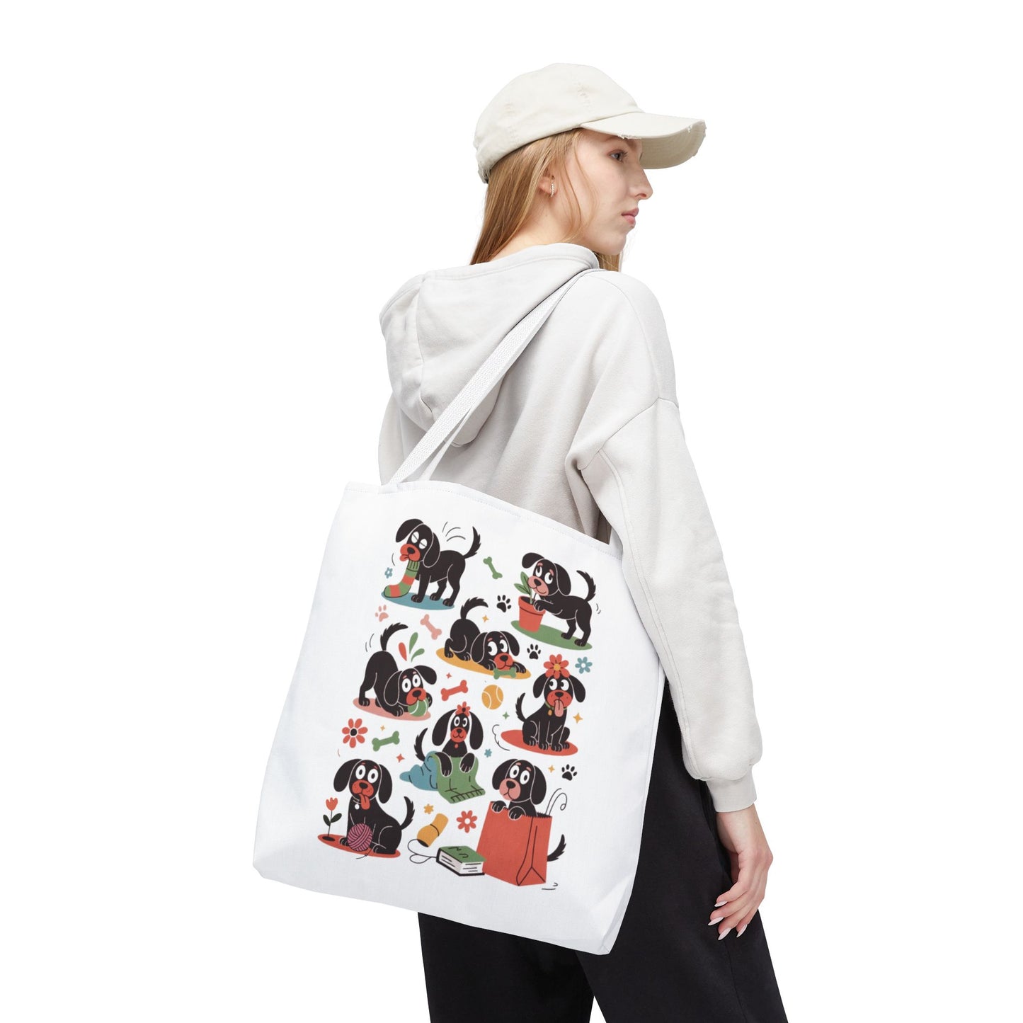 Dog Tote Bag - Playful Cartoon Illustration Design features hand-drawn dogs with everyday objects, reflecting a whimsical vibe. Made of durable polyester, it's ideal for dog lovers seeking a fun, reusable shopping accessory.