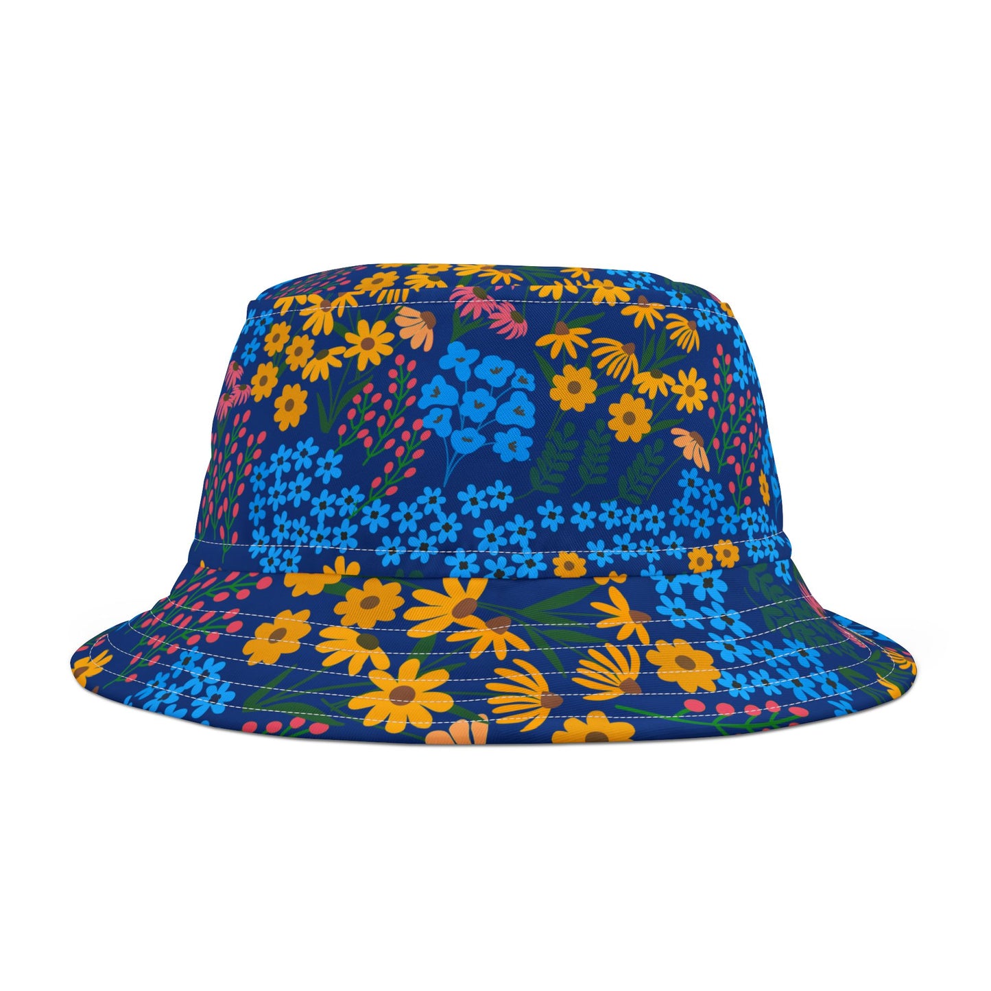 Vibrant Floral Bucket Hat - Colorful Summer Accessory featuring a lively floral print with daisies and berries on a deep blue base, perfect for adding joy to any outdoor adventure.