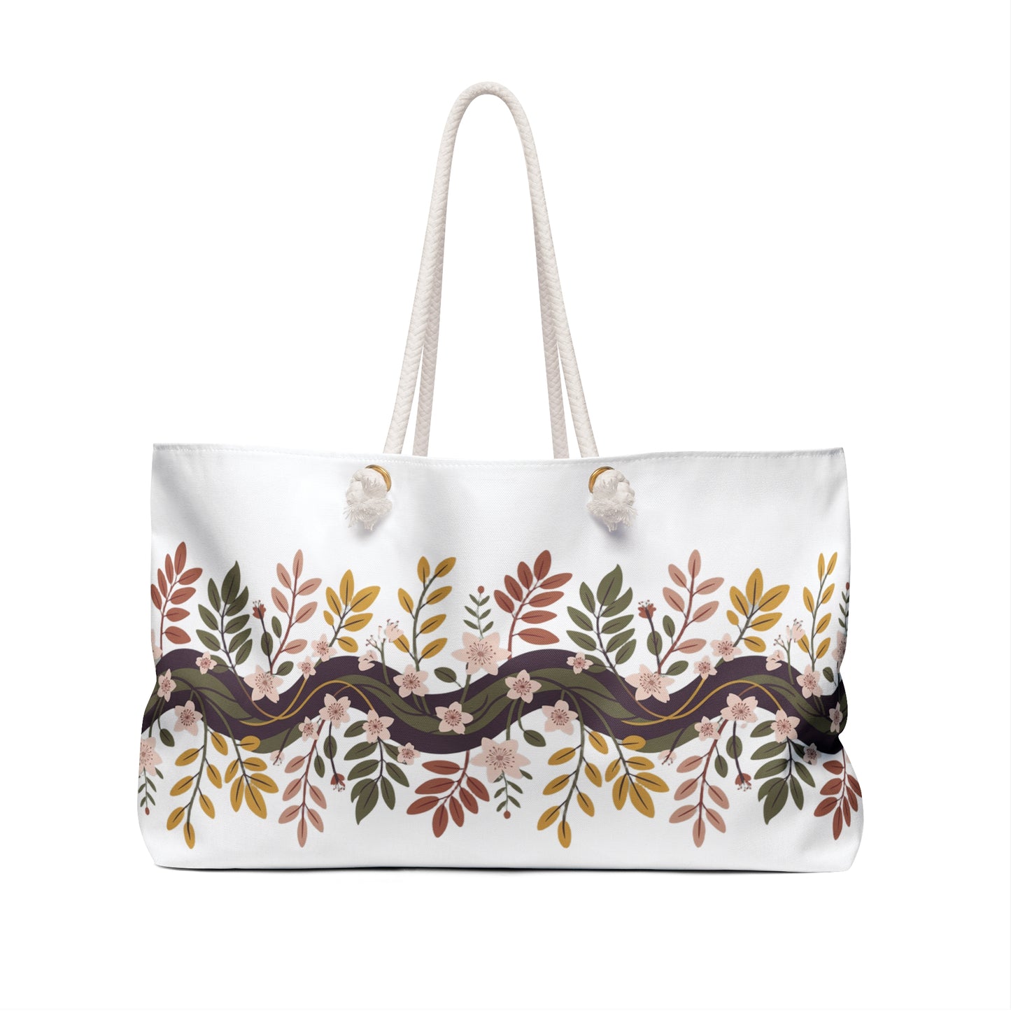 Botanical Weekender Bag with a whimsical design of flowers and leaves, featuring durable rope handles and a generous size for essentials, perfect for joyful, stylish getaways.