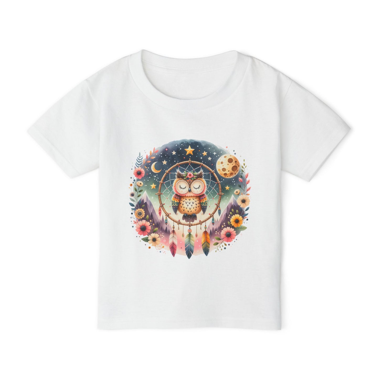 Dreamy Owl Toddler T-Shirt featuring a whimsical owl within a dream catcher design, perfect for nature-loving toddlers. Made from soft, durable cotton, ideal for casual or special occasions.