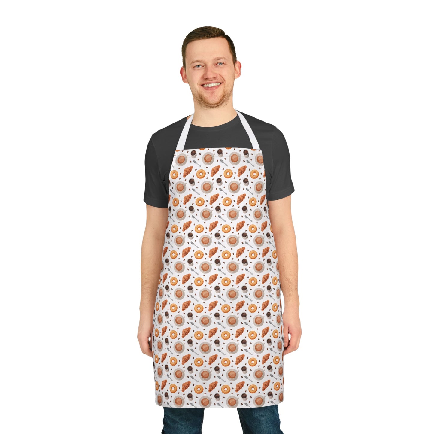 Man wearing an apron titled Apron Coffee Cups Donuts Croissants Beans Spoon, showcasing a playful design with coffee and brunch motifs, embodying the comfortable, stylish essence of FireBrook Designs.