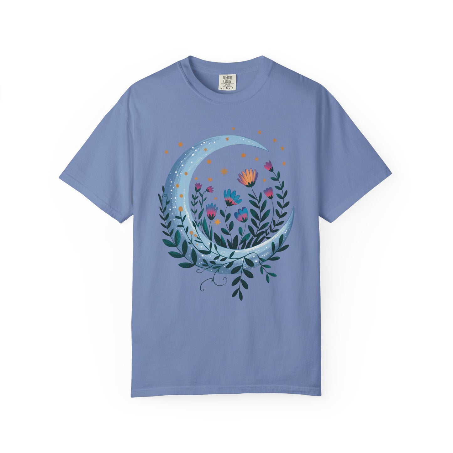 Crescent Moon with Flowers T-Shirt showcasing a bohemian design, features delicate floral patterns surrounding a crescent moon, embodying a relaxed, ethereal style. Perfect for casual wear or gatherings.