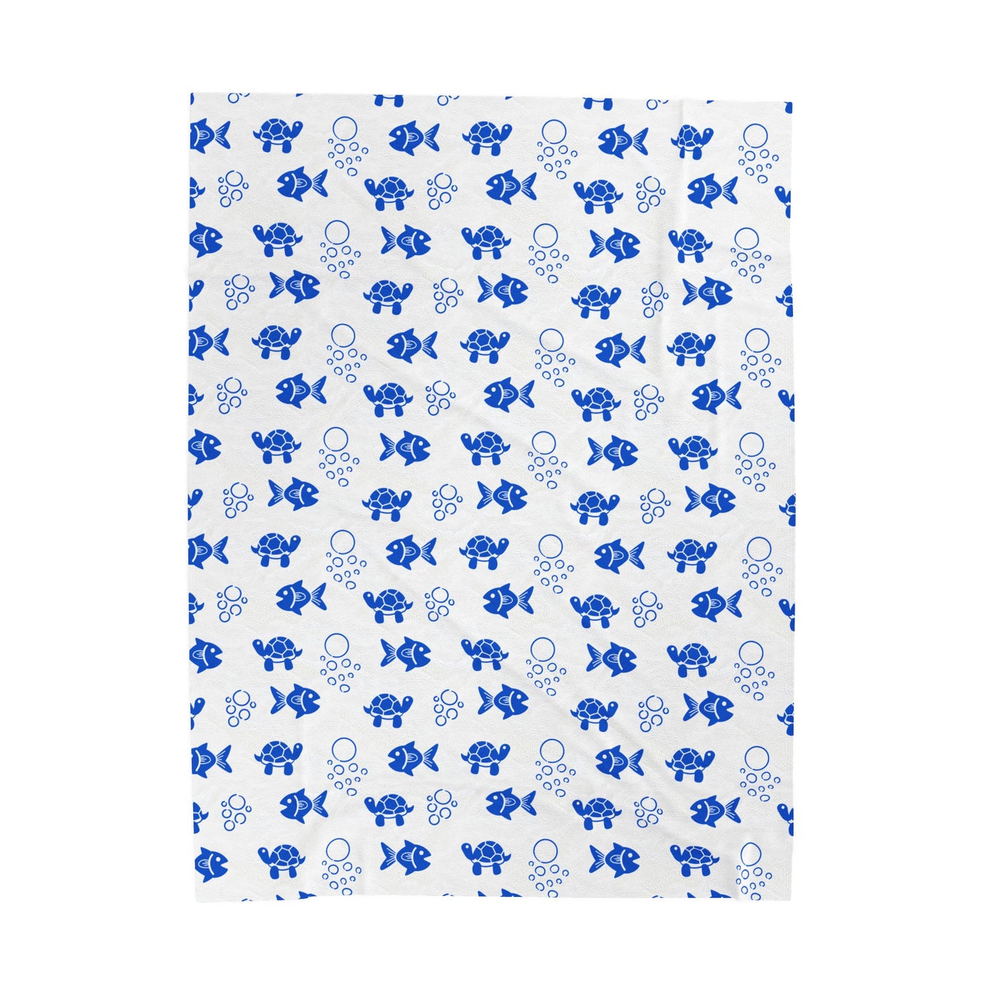 Fish and Turtle Sealife Velveteen Plush Blanket, showcasing a vibrant sea life design on one side, ideal for adding a cozy touch to any home. Available in three sizes, offering soft, medium-heavy fabric.
