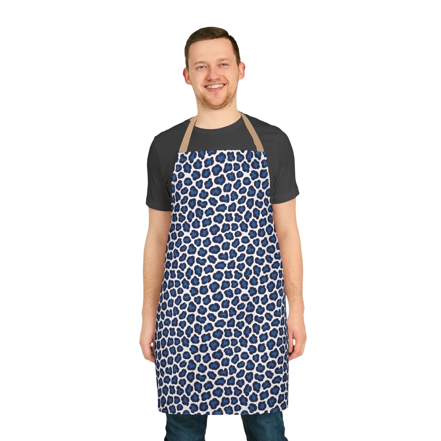 Apron, Cheetah Print: A stylish blue cheetah-patterned apron, ideal for adding fun to cooking or crafting. Features soft polyester fabric, tie-back closure, and vibrant design, aligning with FireBrook's uplifting, joyful ethos.