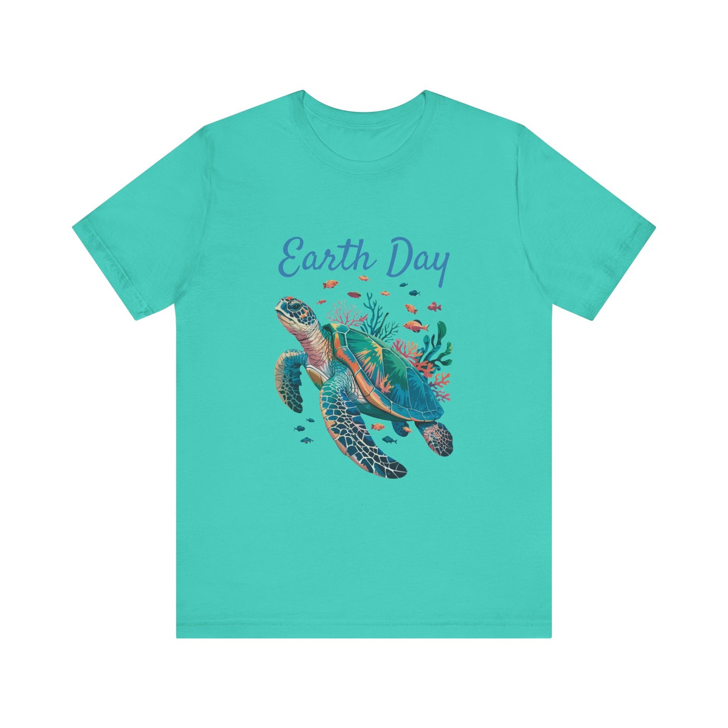 Earth Day Turtle Bella+Canvas Unisex T-Shirt featuring a turtle and fish illustration, ideal for nature lovers and environmentalists.