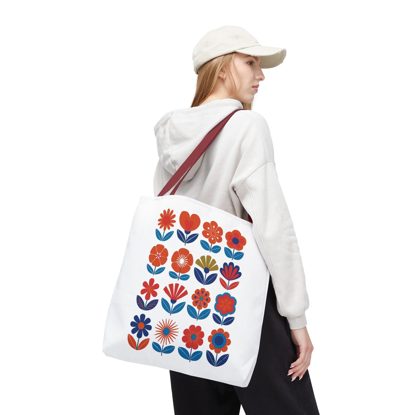 Floral Tote Bag with mid-century modern floral elements, ideal for fashion-forward individuals. Durable polyester construction with reinforced handles and boxed corners, perfect for carrying essentials. Available in multiple sizes and handle options.