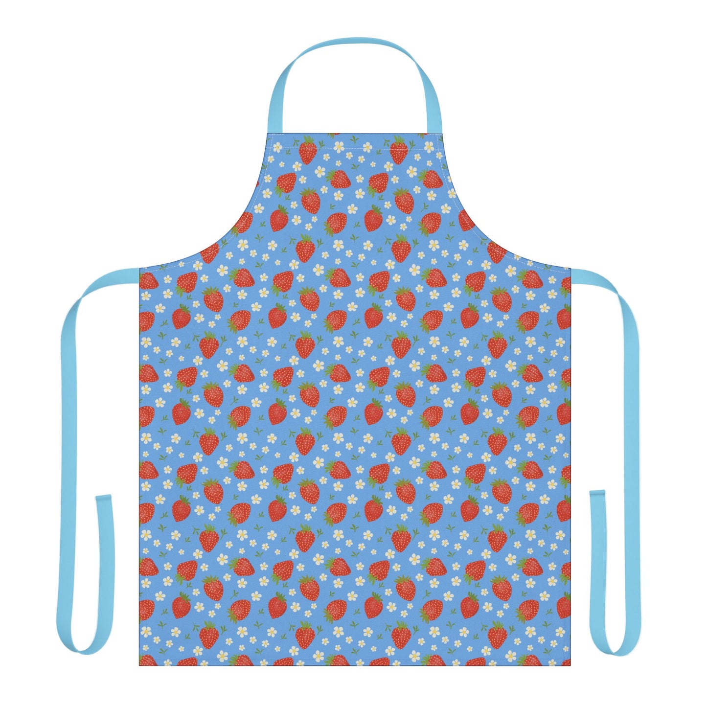 Apron, Strawberry 5-Color Straps: A vibrant blue apron adorned with red strawberries and white flowers, made from stain-free polyester for stylish, practical use in cooking or crafting. Adjustable tie-back closure for comfort.