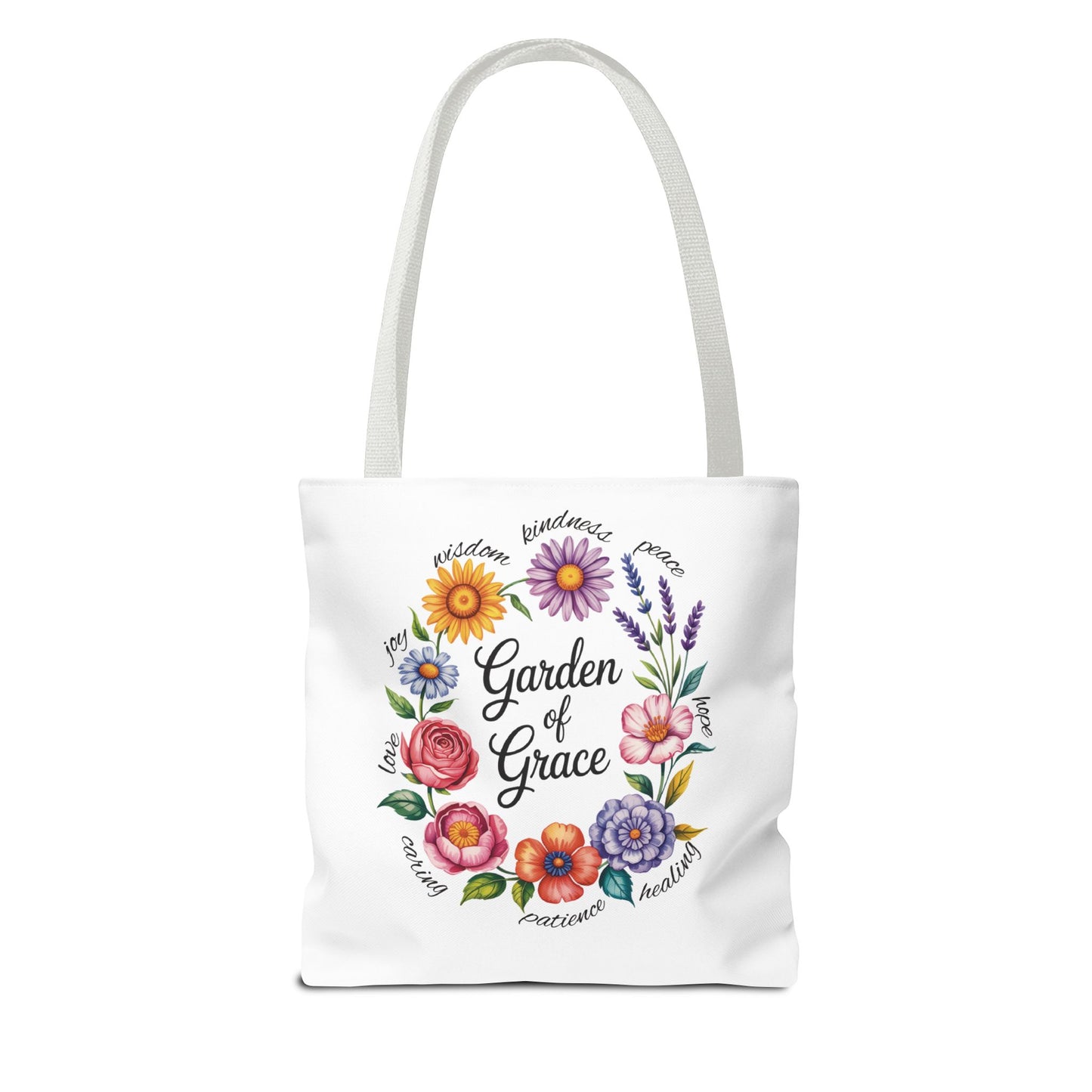 Garden of Grace Watercolor Design Tote Bag featuring hand-drawn pastel flowers and elegant script, embodying nature's virtues. Ideal for everyday charm, made from durable polyester with reinforced handles.