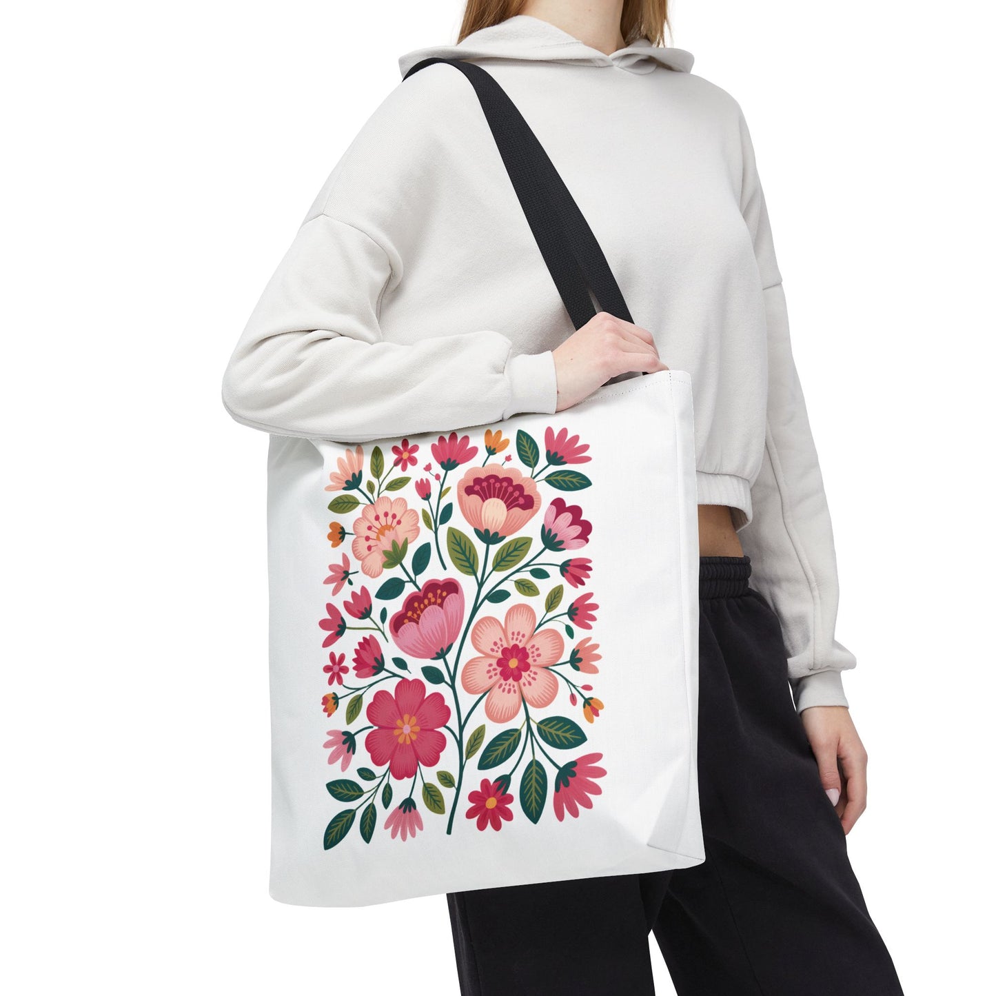 Pink Floral Folk-Art Style Tote Bag with vibrant pink and magenta flowers, dusty green leaves, and navy accents. Ideal for nature lovers, perfect for carrying essentials, and embodies FireBrook Essentials' uplifting design ethos.