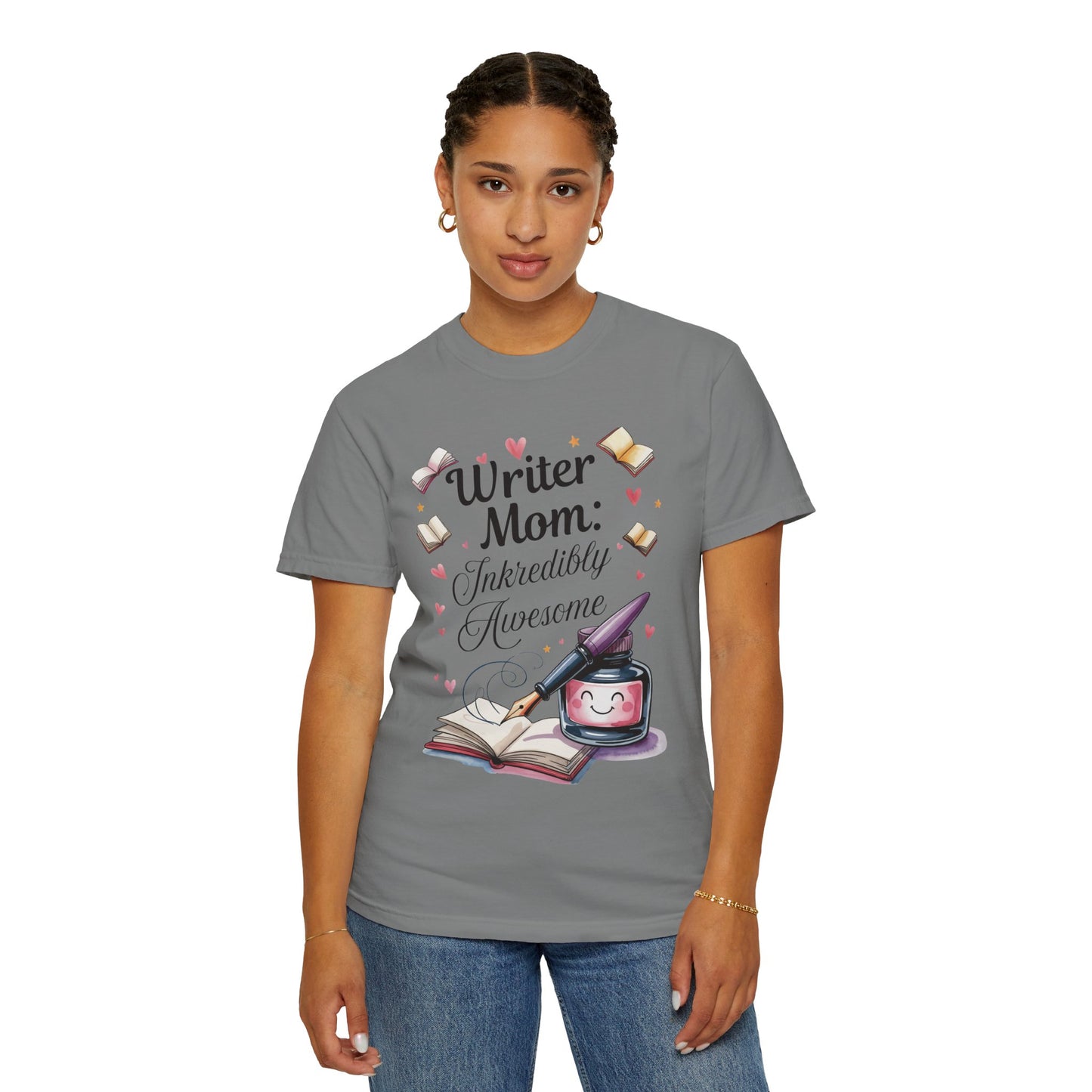 Writer Mom: Inkredibly Awesome Mother's Day Comfort Colors Unisex T-Shirt features a casual, relaxed fit with double-needle stitching, perfect for comfort and durability, embodying FireBrook Essentials' uplifting and joyful style.