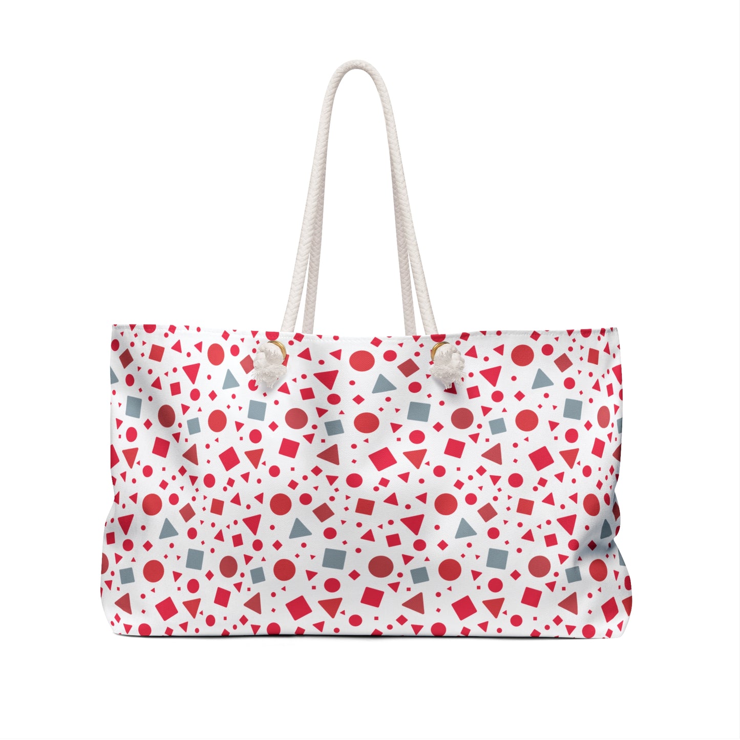 Geometric Pattern Weekender Bag – Red & Light Blue Modern Travel Tote showcasing bold geometric shapes and rope handles, ideal for stylish travel or daily use. Spacious, with a T-bottom design for added storage.