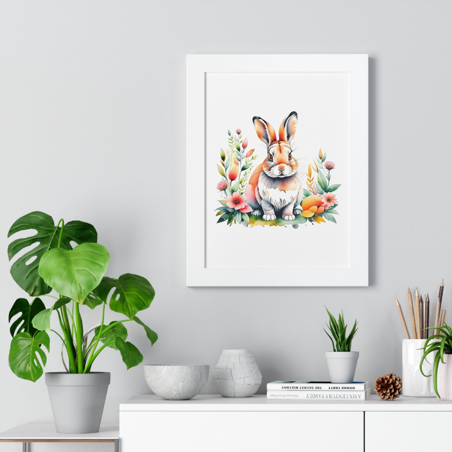 Bunny Wall Art featuring a playful rabbit surrounded by flowers, ideal for nurseries. Framed with pre-installed hardware, it embodies FireBrook Essentials' uplifting and joyful design ethos.