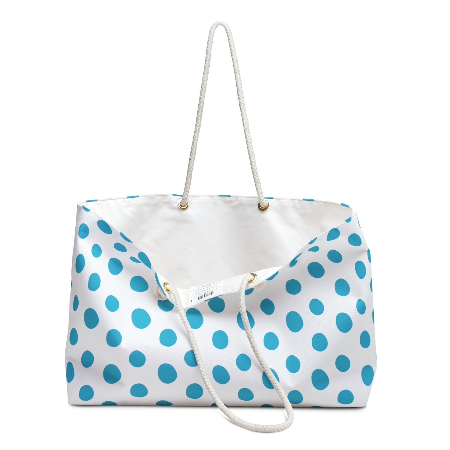 Weekender Bag - Light Blue Polka (large) Dots Travel Tote, featuring playful light blue polka dots and rope handles, perfect for stylish weekend getaways. Ideal for fashion-forward travelers seeking a cheerful travel accessory.