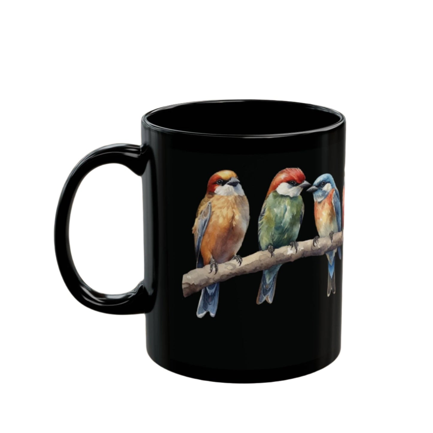 Birds On a Branch Mug (11 oz, 15 oz) features a detailed bird design on a black ceramic surface, perfect for nature lovers seeking a cozy, rustic touch to their coffee experience.