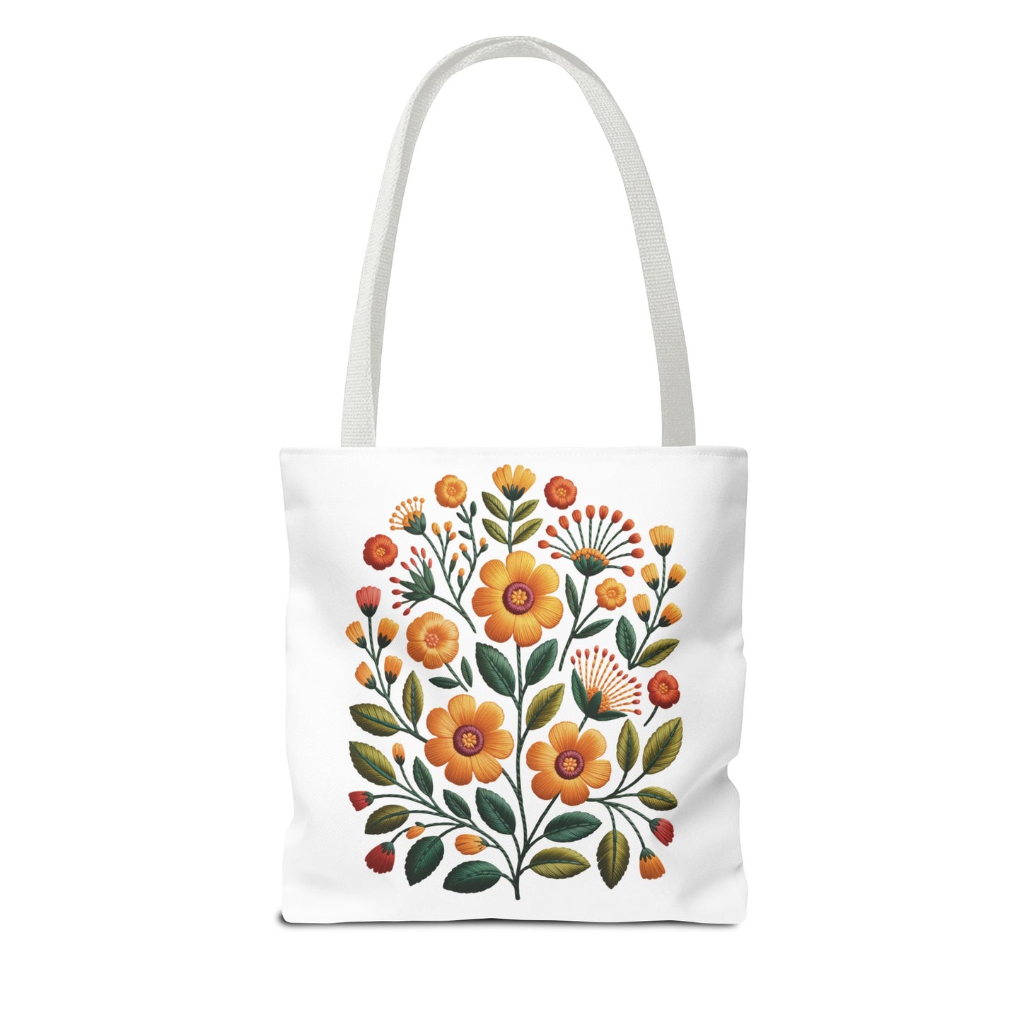 Folk Art Floral Faux Embroidery Style Tote Bag showcases a warm, earth-toned floral design in a bold vector style, embodying a relaxed, artistic vibe. Ideal for nature lovers and art enthusiasts.