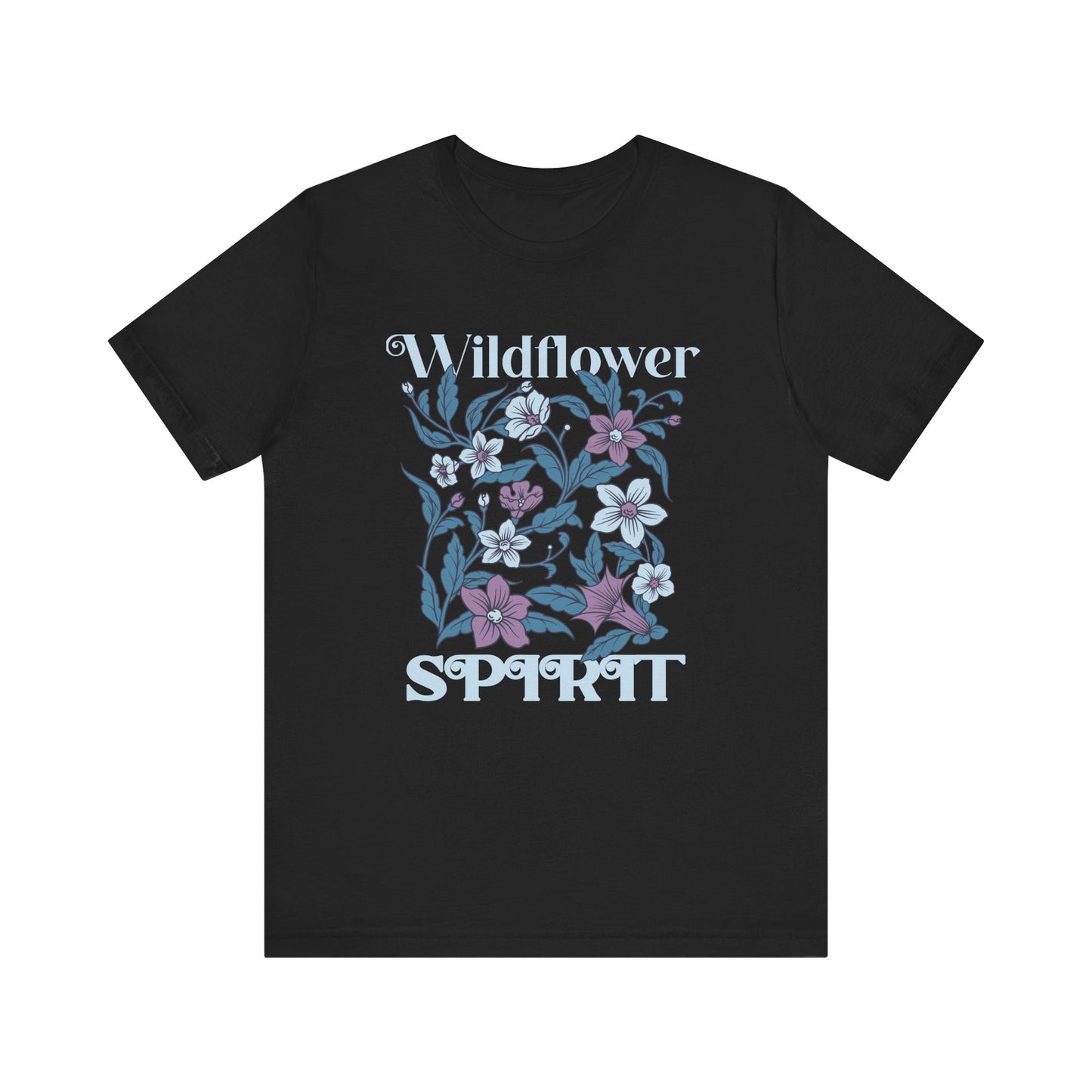 Wildflower Spirit Bella+Canvas Unisex T-Shirt featuring a vibrant floral design with white lettering, embodying a free-spirited, bohemian style ideal for casual wear and summer adventures.