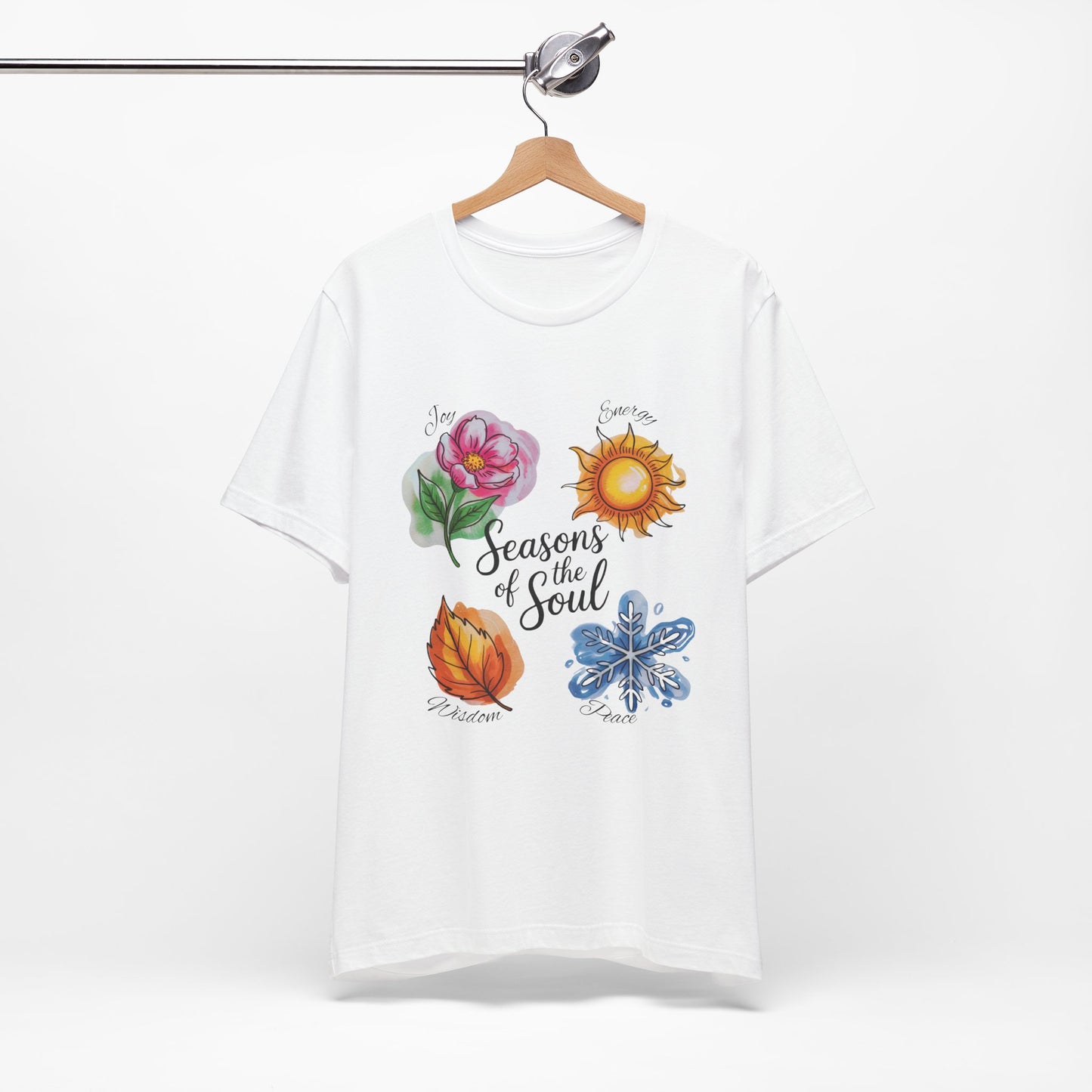Seasons of the Soul: Joy, Energy, Wisdom & Peace T-Shirt, showcasing an uplifting design, perfect for yoga and meditation enthusiasts seeking balance and comfort. Ideal for casual and semi-formal wear.